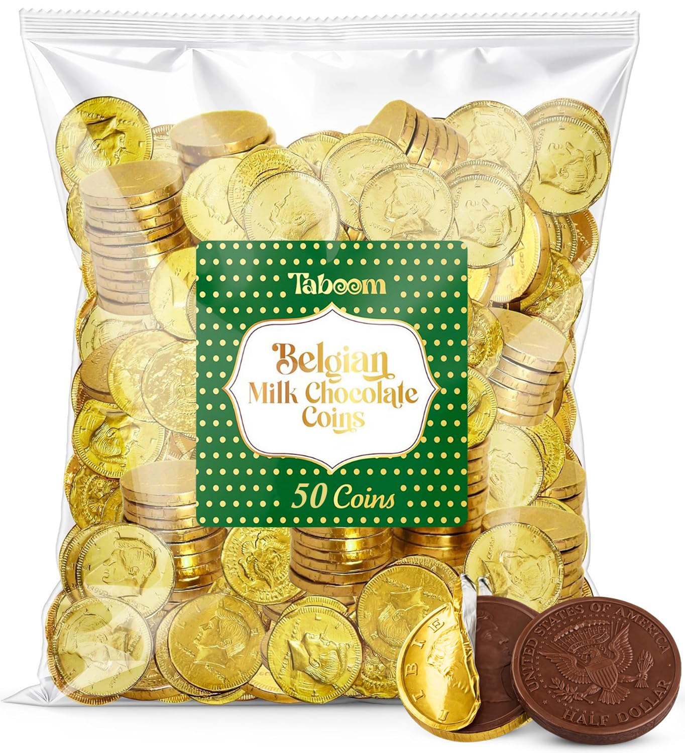 Taboom Belgian Milk Chocolate Gold Coin package in shiny gold foil for elegant party displays.