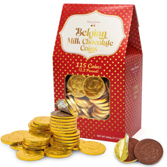 Taboom Belgian milk chocolate gold coins bulk box with festive gold foil.