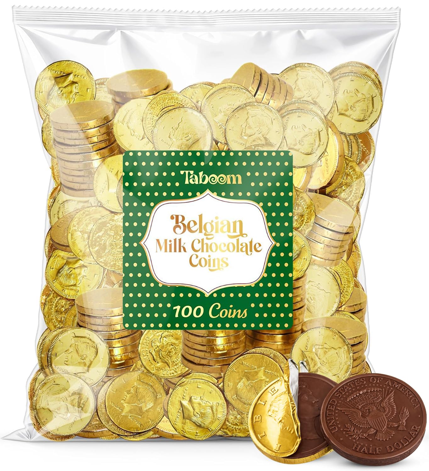 Taboom Belgian Milk Chocolate Gold Coins wrapped in shiny gold foil for elegant dessert displays.