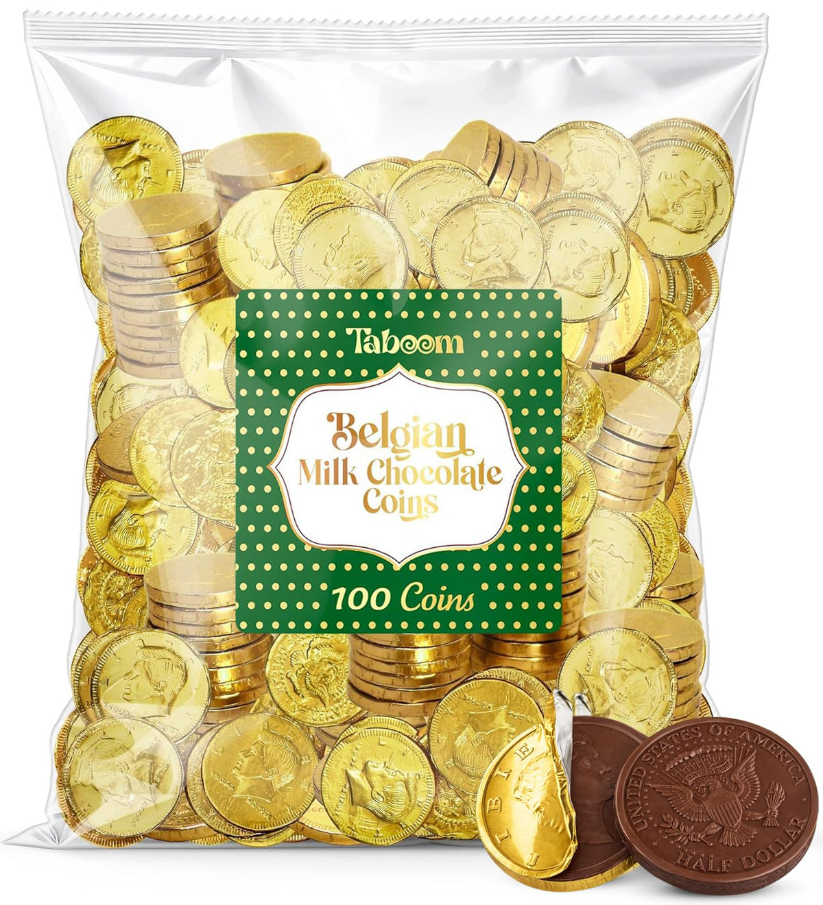 Taboom Belgian Milk Chocolate Gold Coins wrapped in shiny gold foil for elegant dessert displays.