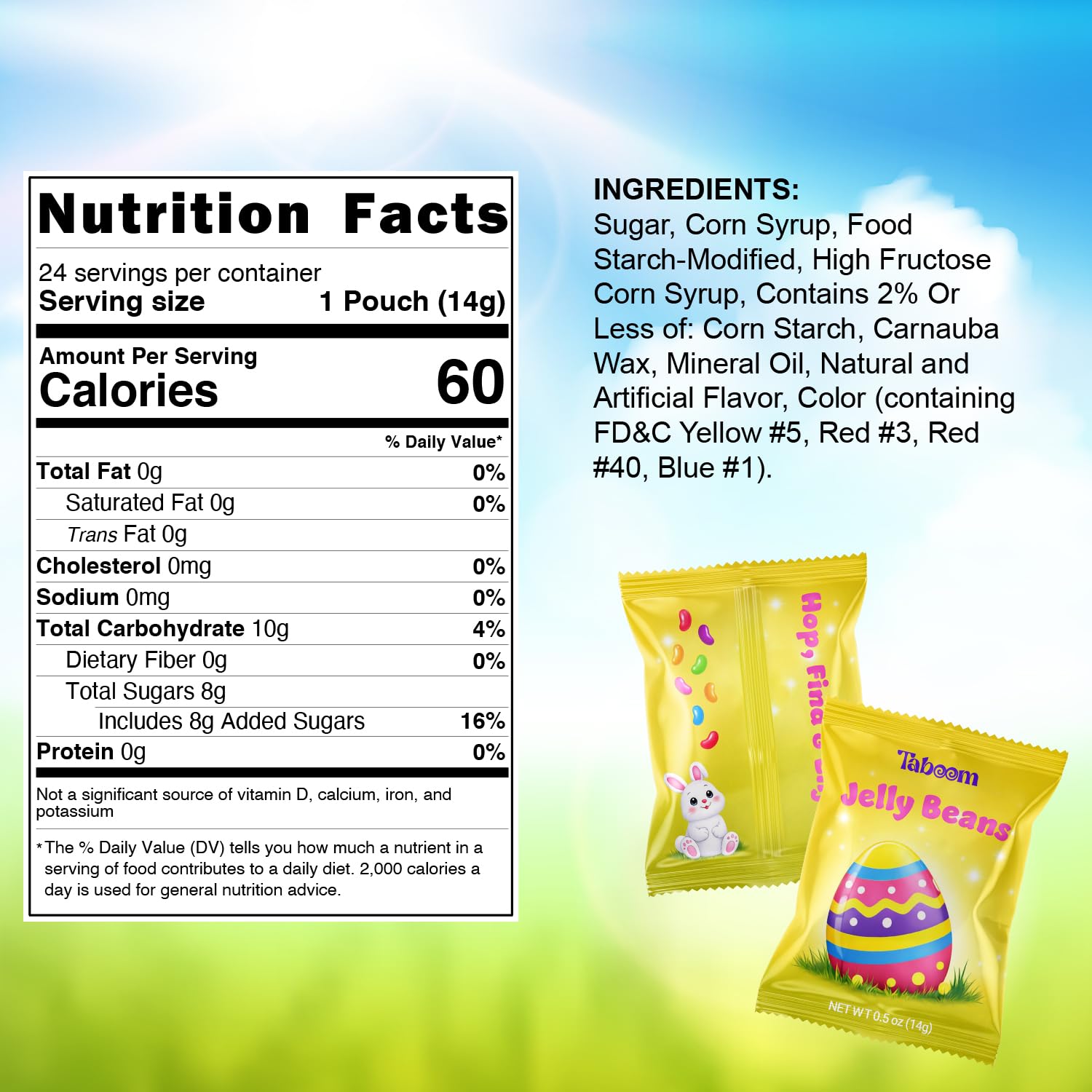 Colorful fruit-flavored jelly beans in a Taboom mini pack.