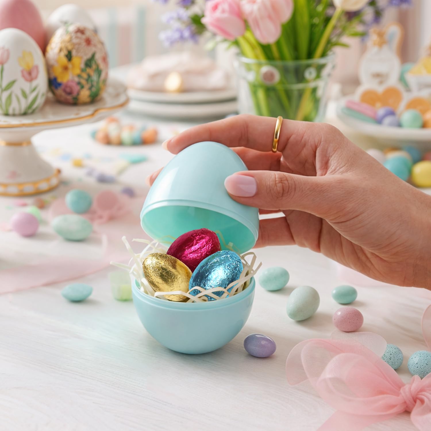 Bright Taboom eggs decorating Easter baskets and dessert tables.