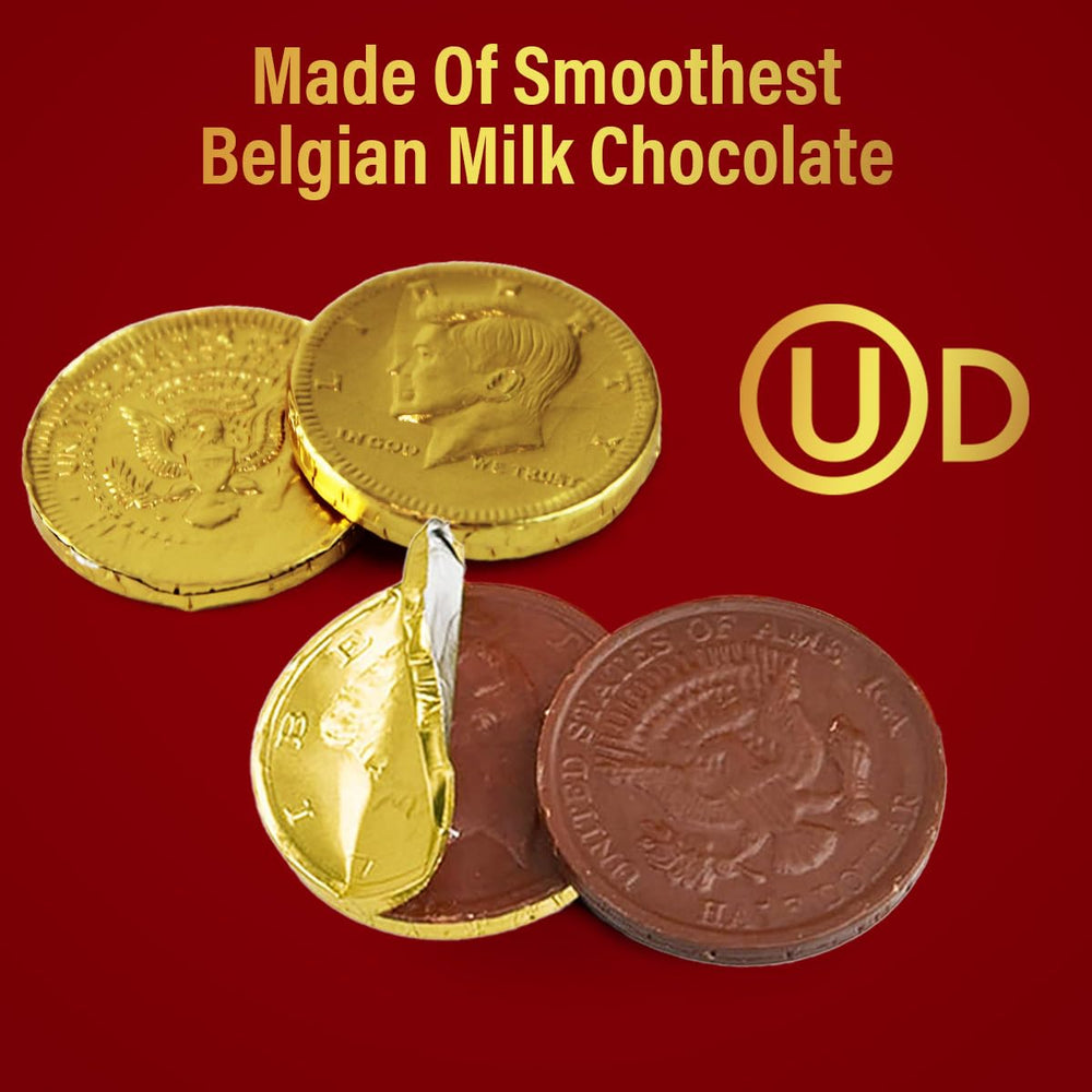 Close-up view of Taboom gold-foil wrapped coins showcasing premium chocolate.