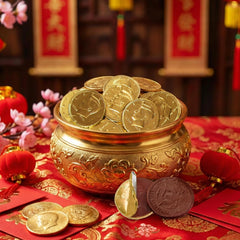 Taboom gold-foil wrapped coins on a cake stand ideal for candy buffets.