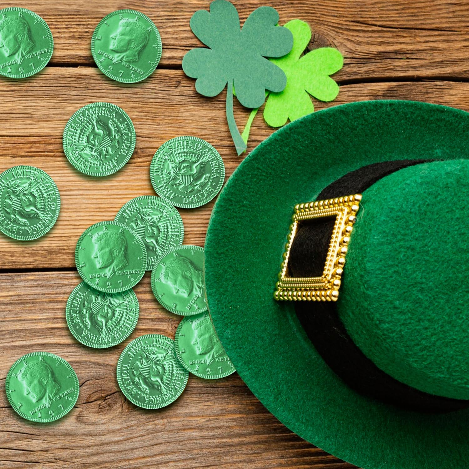 Taboom green foil wrapped coins ideal for party favors and decor.