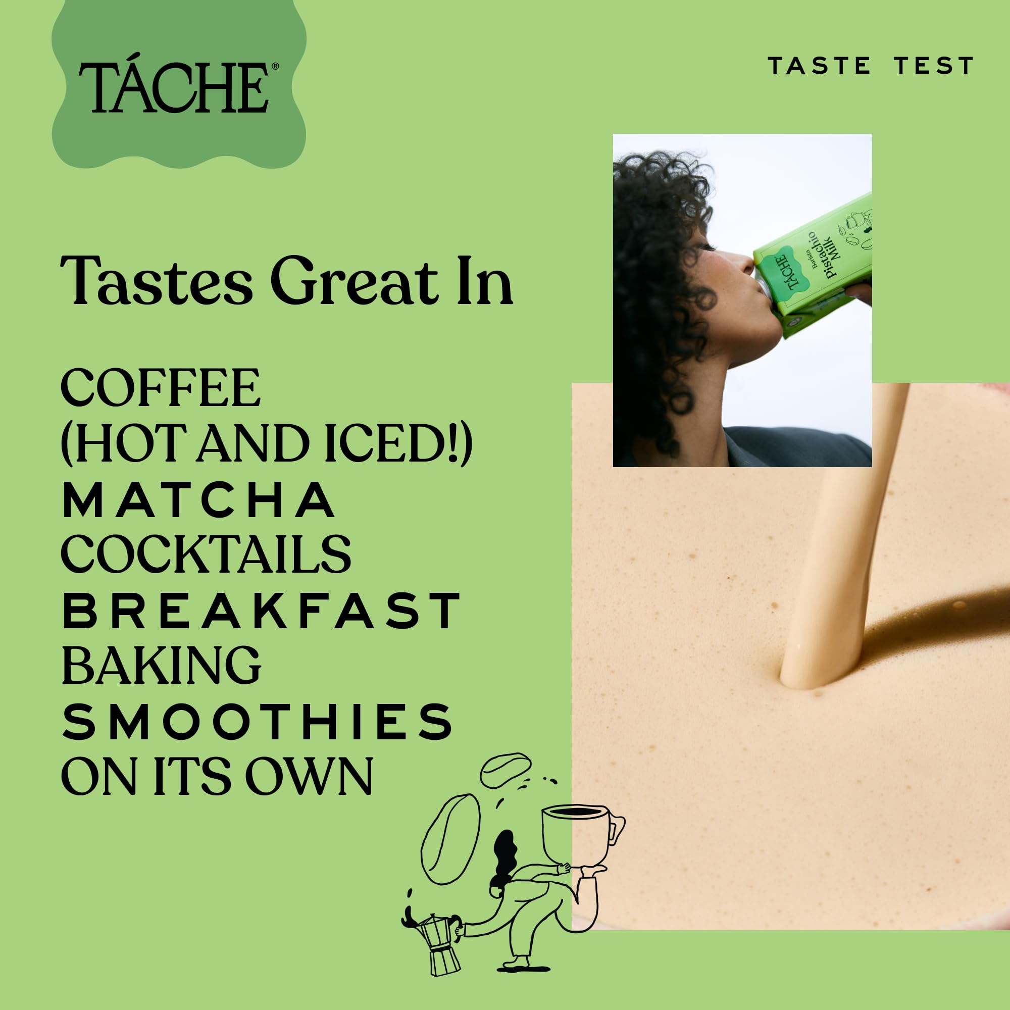 Táche Pistachio Milk six-pack on pantry shelf.