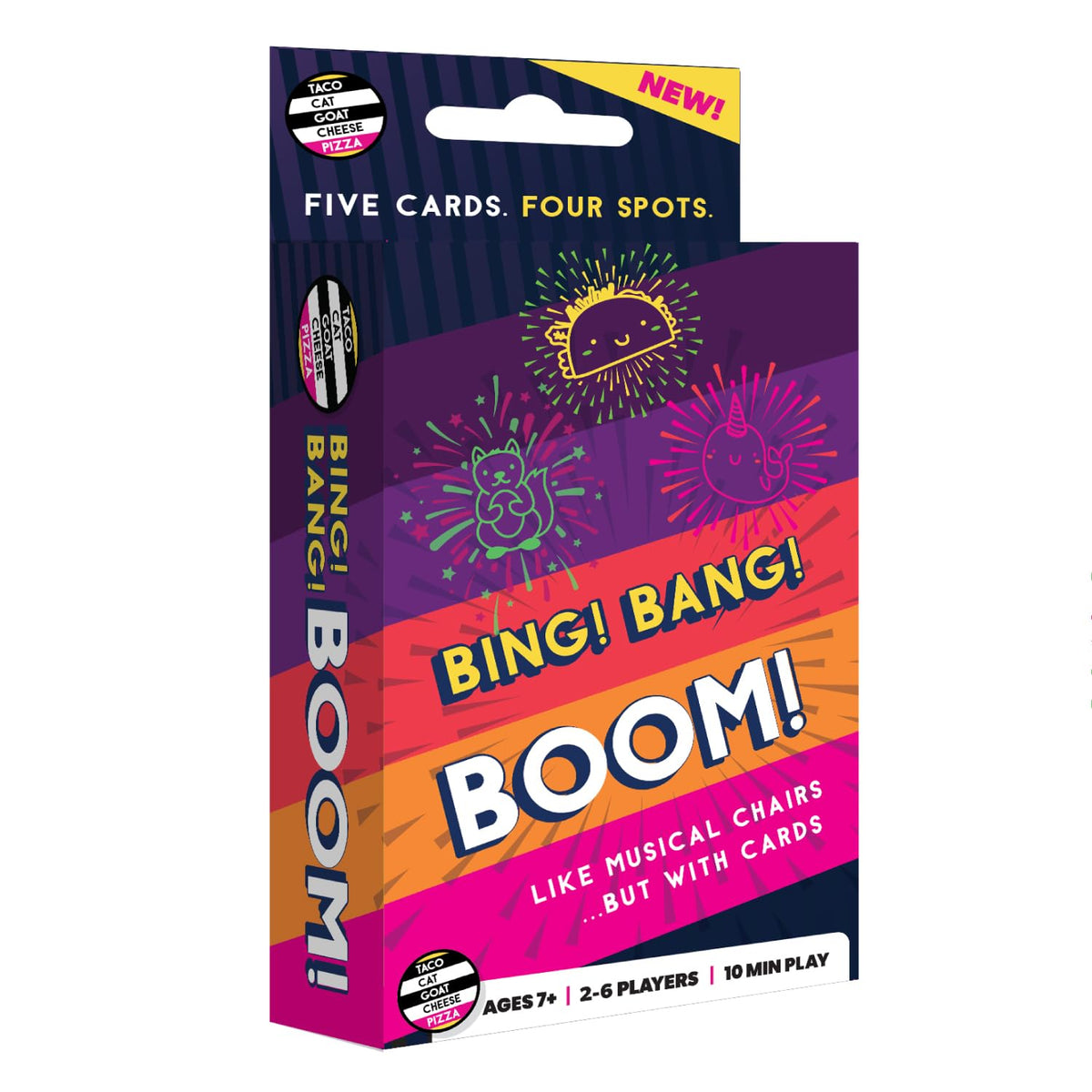 Taco Cat Goat Cheese Pizza Bing Bang Boom card game box front for family nights
