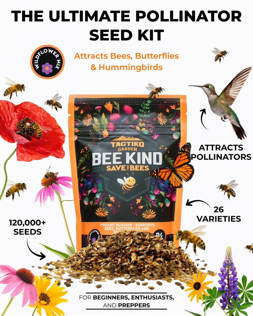 Tactiko Survival seed bag back with planting guide for easy pollinator habitat