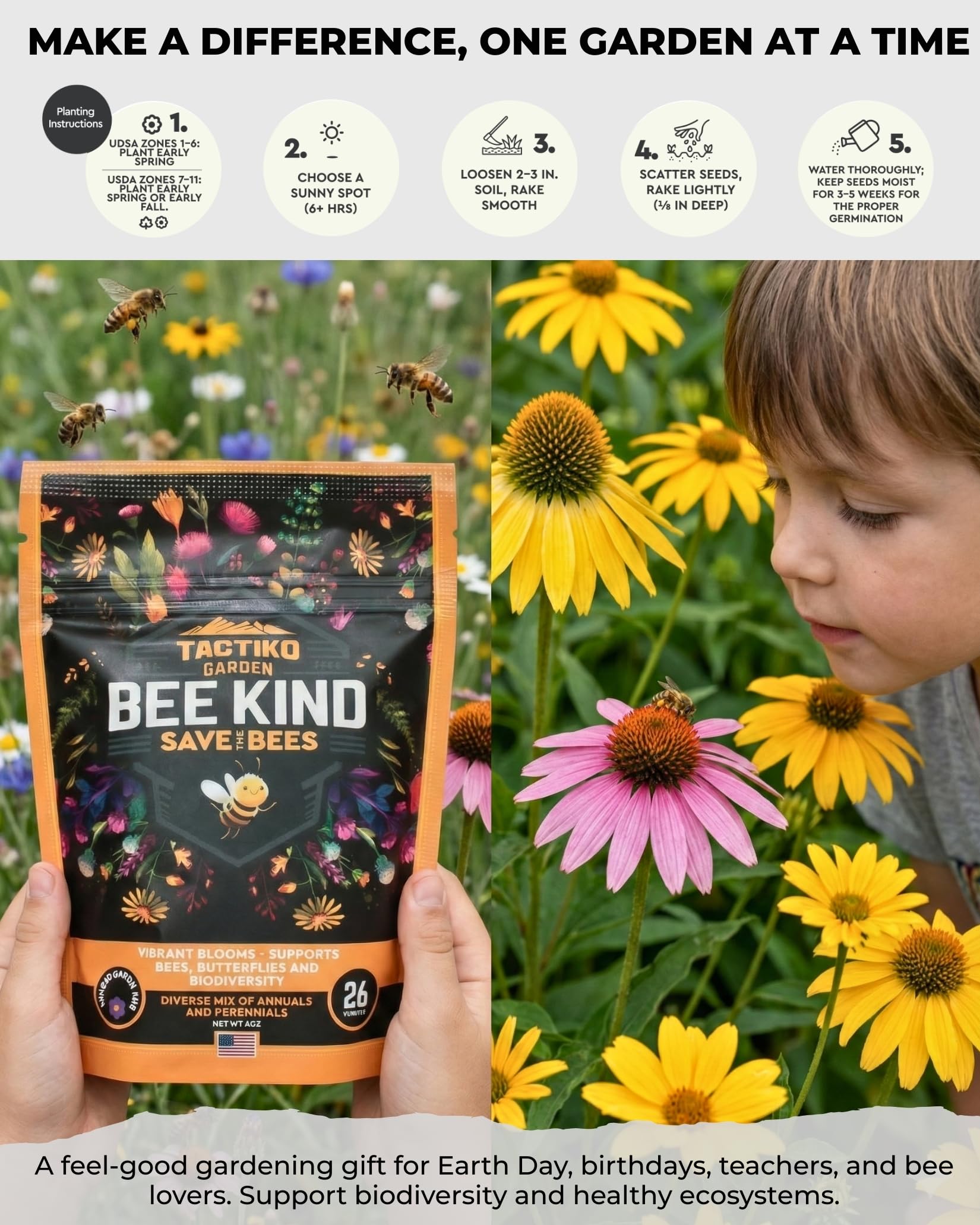 Tactiko Survival seeds attracting bees, butterflies, and hummingbirds in a garden