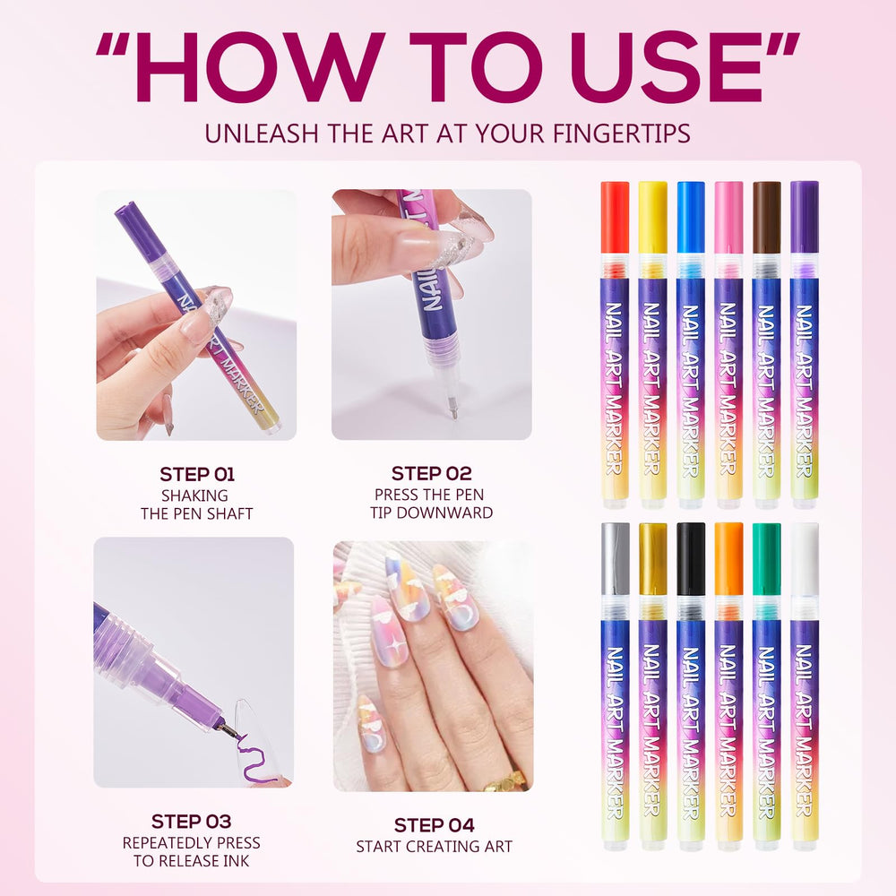 TAEERY easy-start nail art markers shown with cap removal and shake