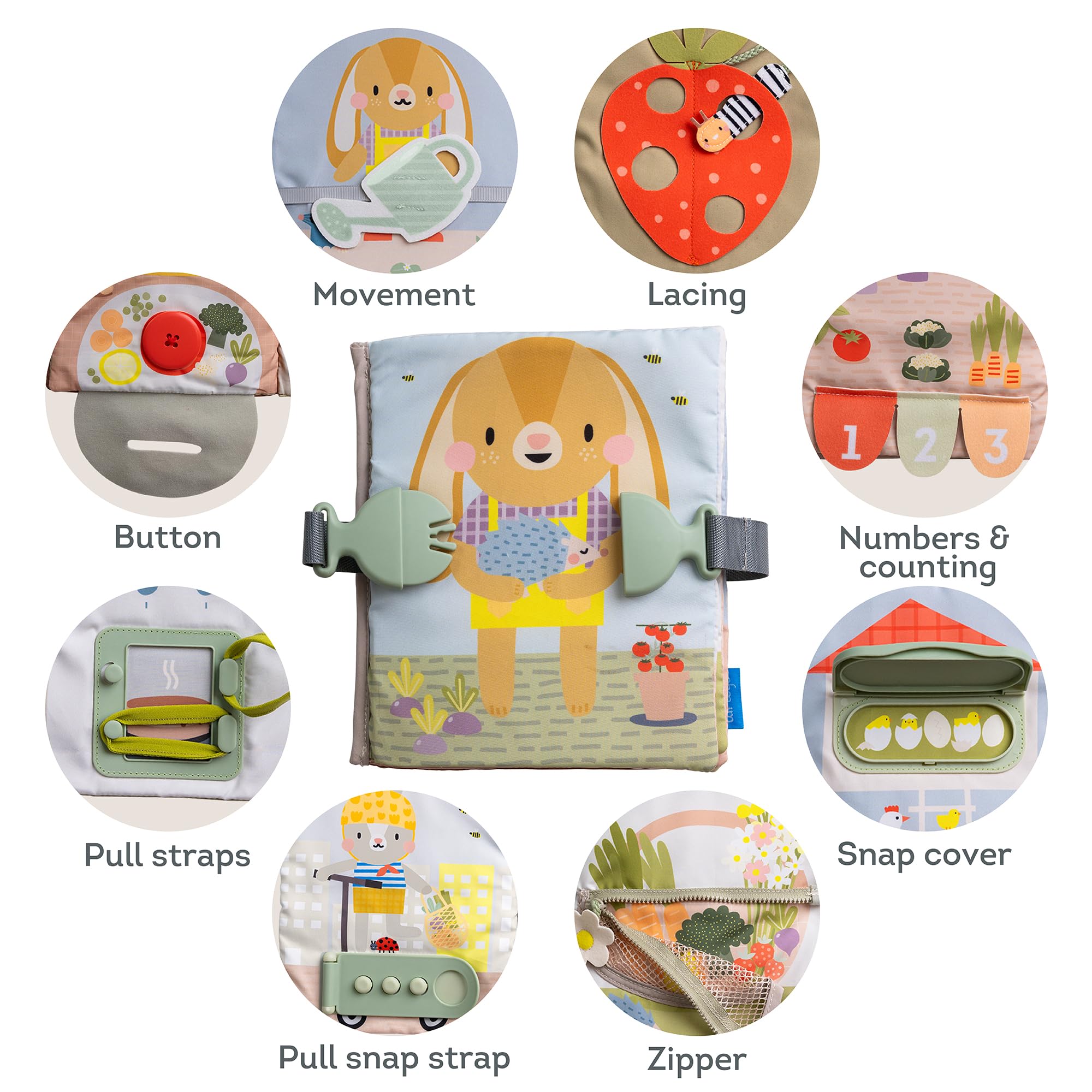 Taf Toys Busy Book laces and pockets fosters concentration during dressing-like activities.
