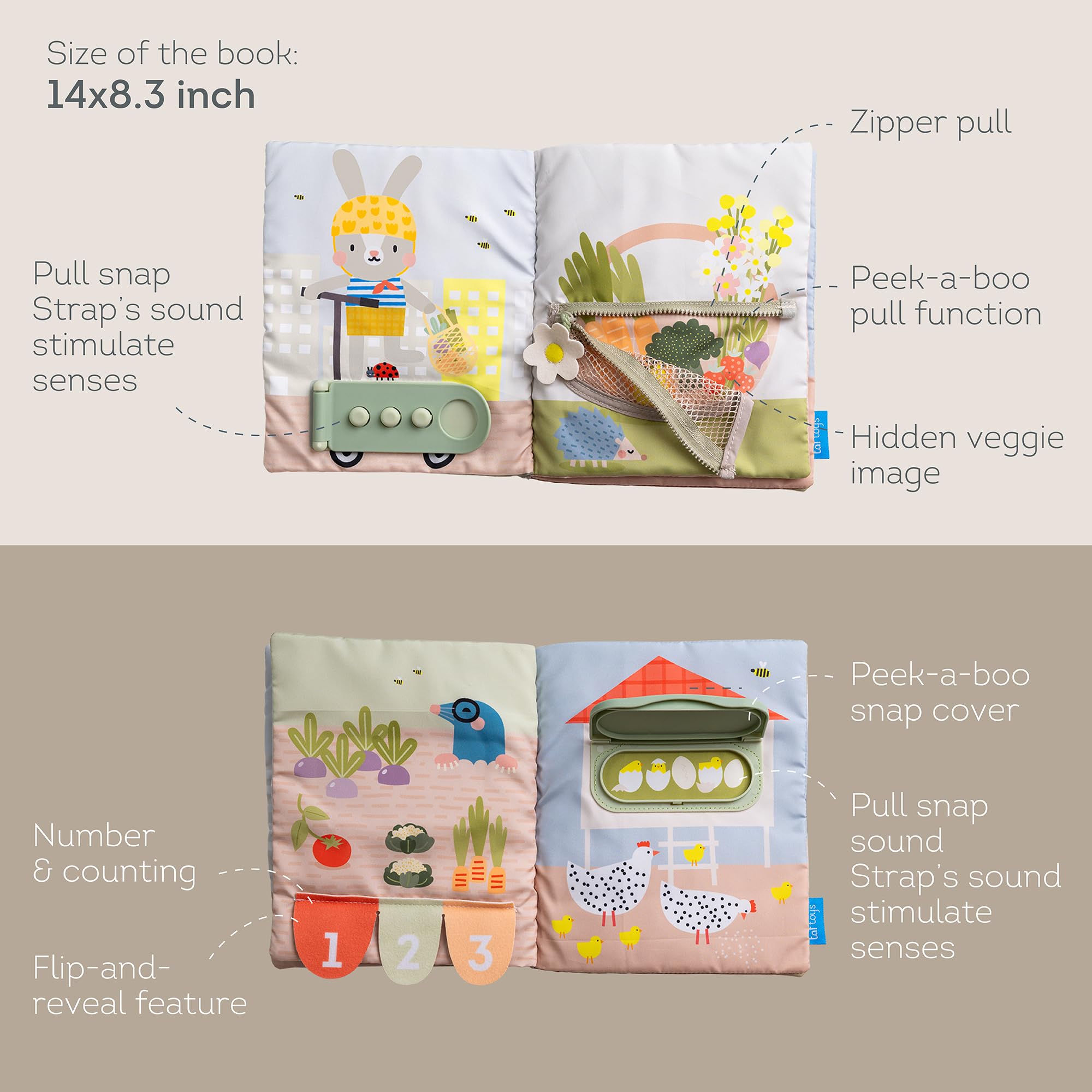 Taf Toys Busy Book travel-ready layout keeps toddlers engaged on trips.