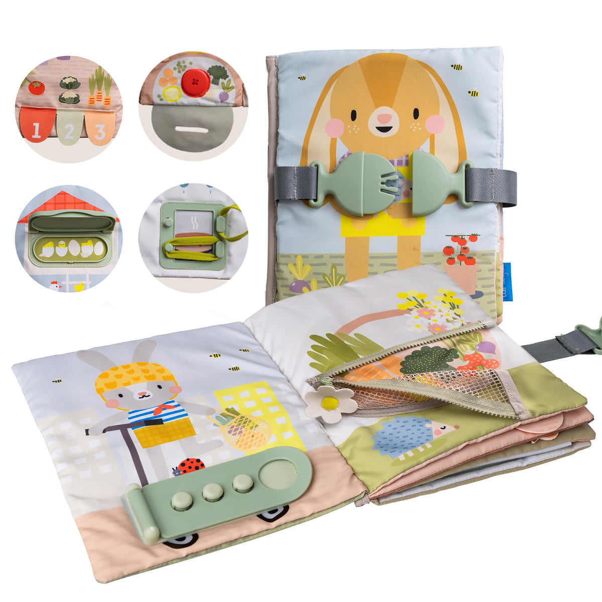 Taf Toys Busy Book zippers and buckles for hands-on fine motor practice.
