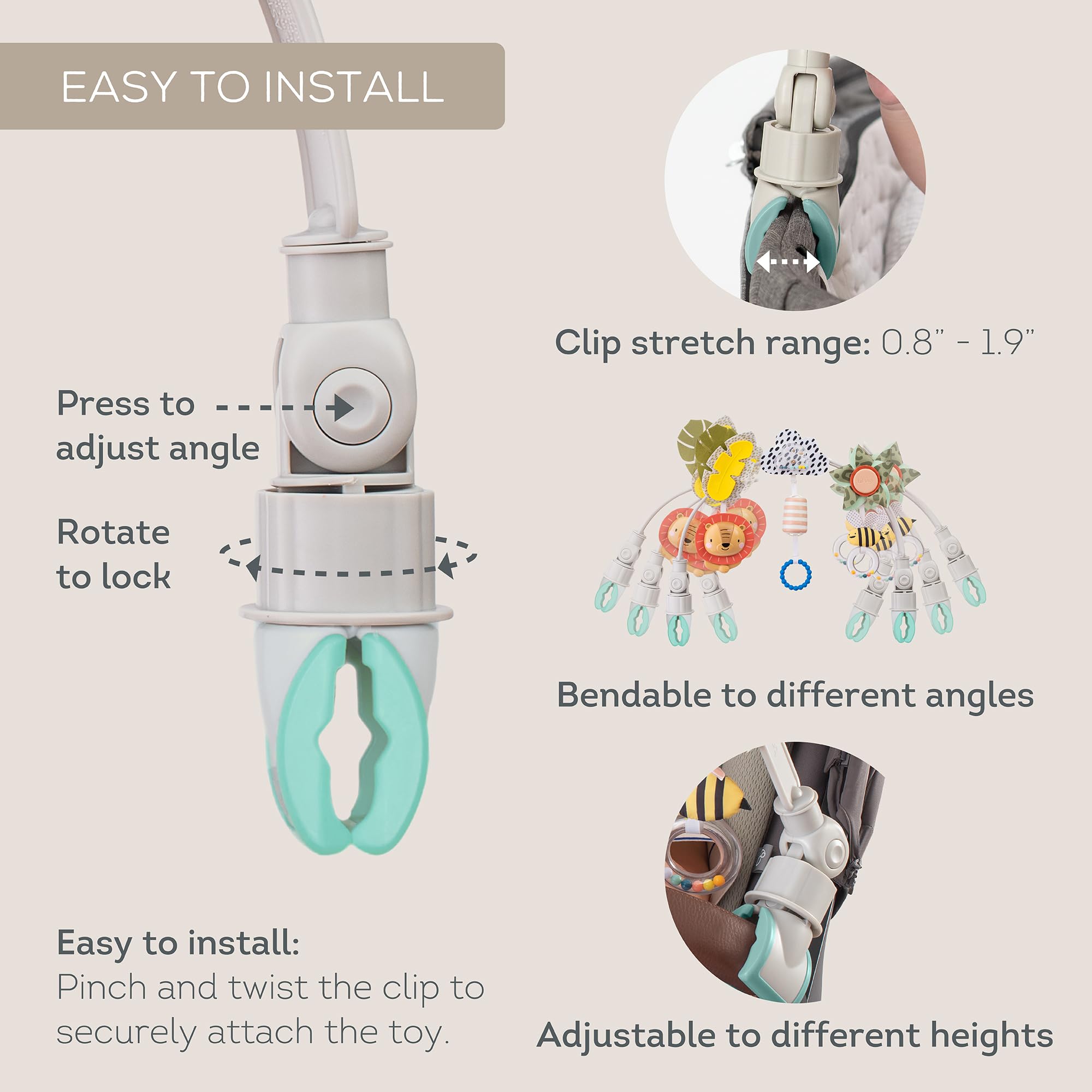 Taf Toys Savannah Adventures Arch universal attachment clip enables easy on-the-go mounting