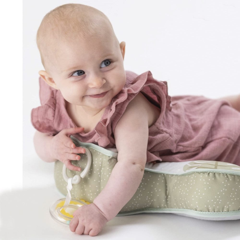 Detachable teether and rattle toys on Taf Toys tummy time support