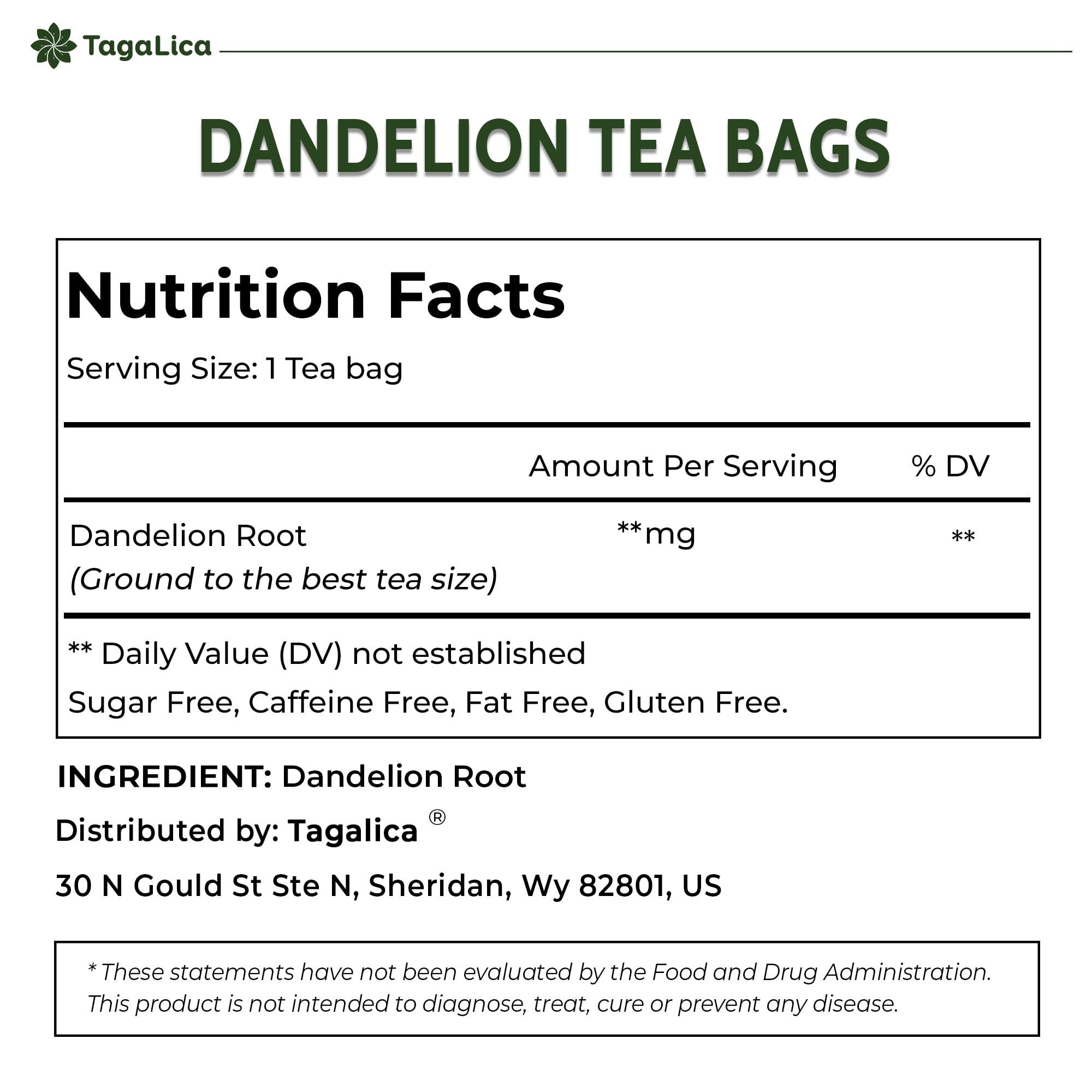 Tagalica dandelion root tea bags closeup highlights natural roots and clean, pesticide-free sourcing