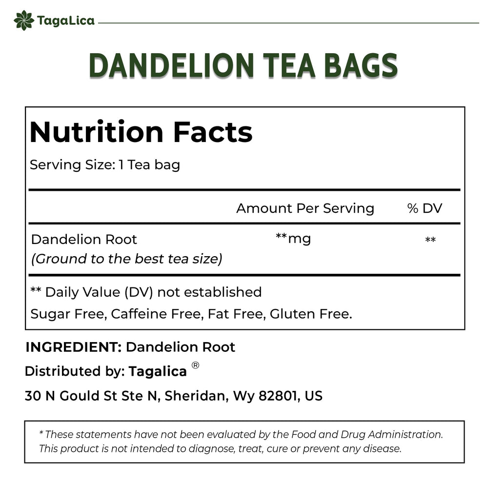 Tagalica dandelion root tea bags closeup highlights natural roots and clean, pesticide-free sourcing