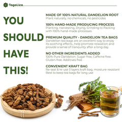 Tagalica dandelion root tea bags stacked scene showcases premium quality and thoughtful production