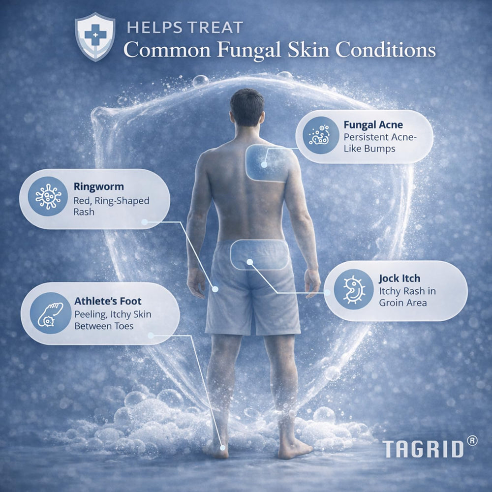 TAGRID oatmeal bar in shower scene suggests gentle cleansing for sensitive skin.
