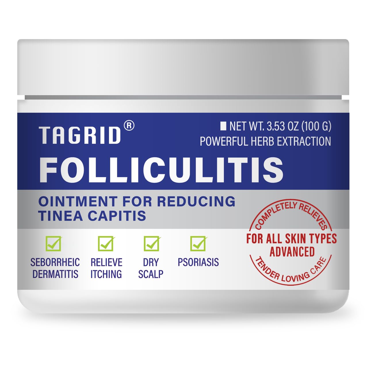 TAGRID Folliculitis Cream bottle shown, soothing skin relief for sensitive areas.