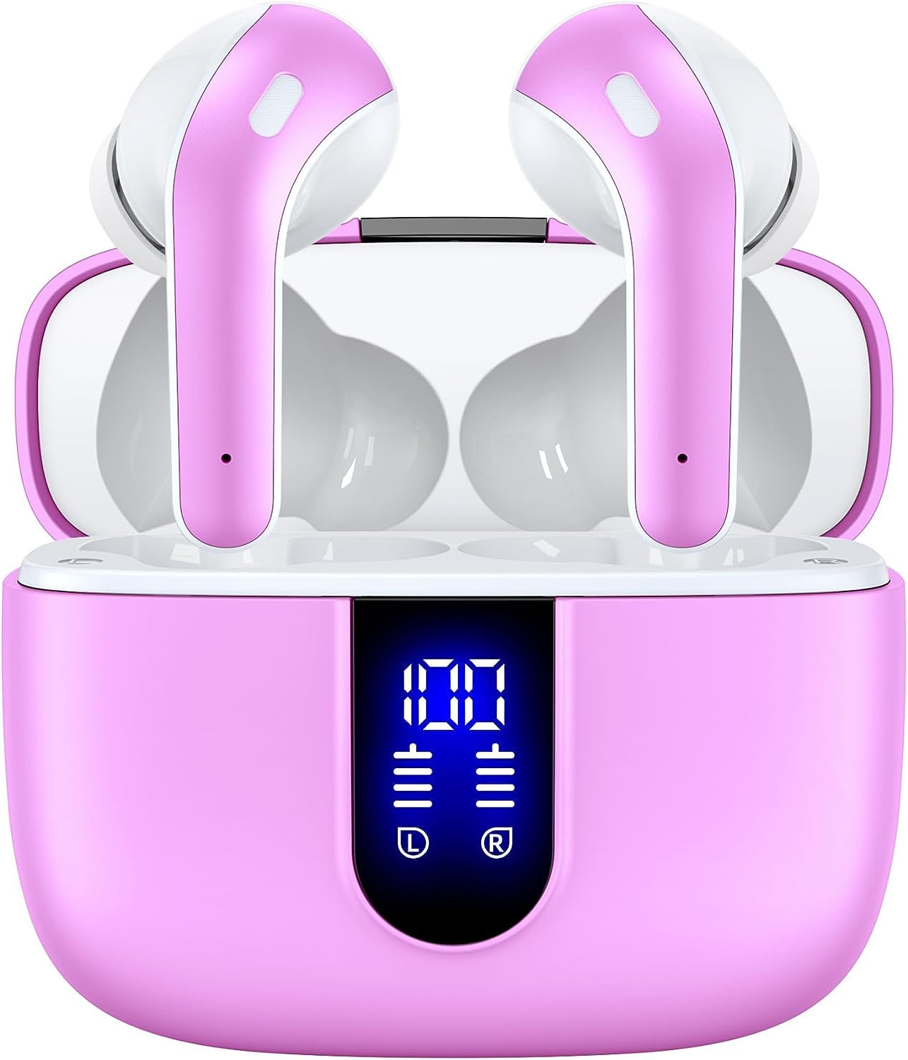 TAGRY X08 earbuds with LED display case showing battery levels
