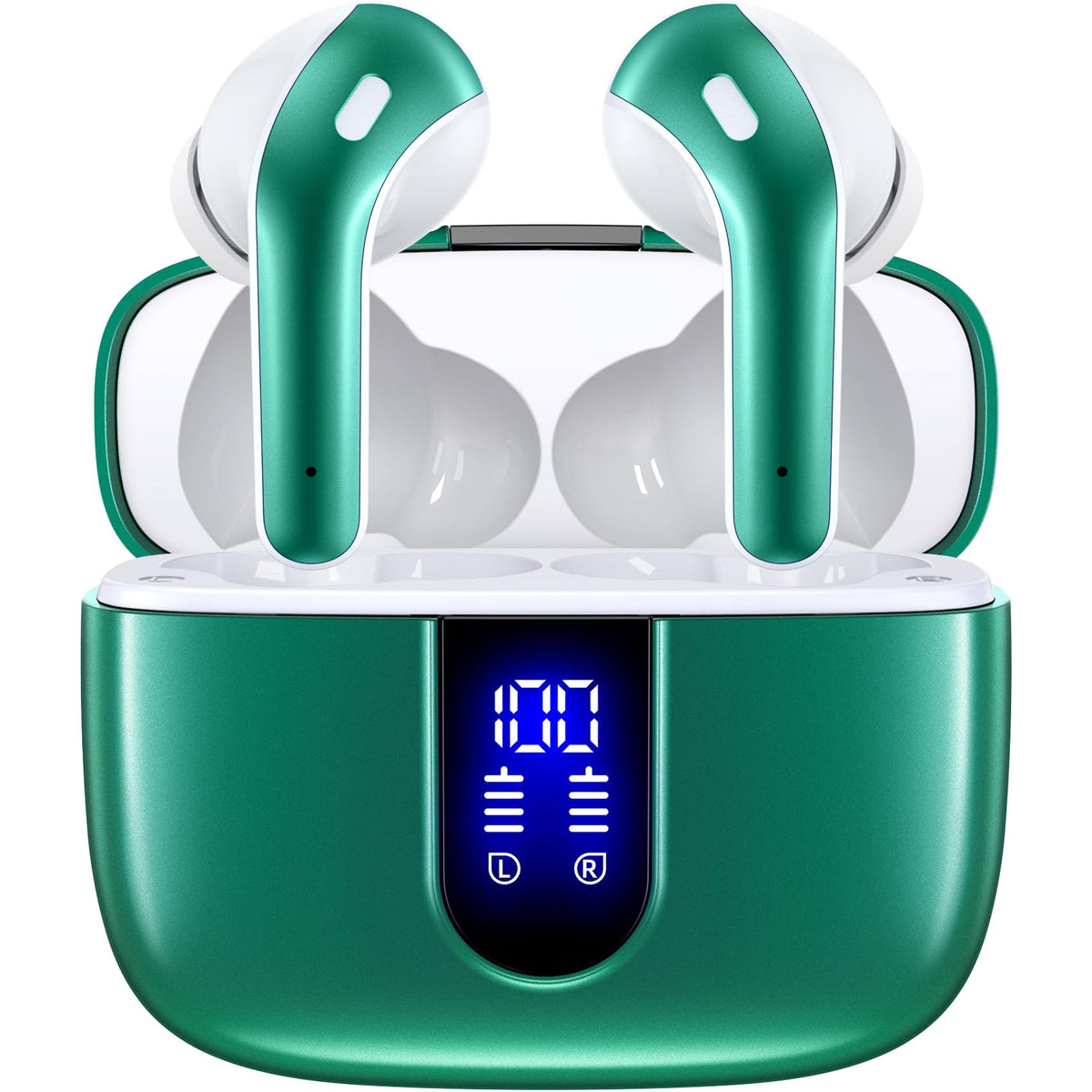 TAGRY X08 earbuds with LED power display on the charging case for quick battery checks