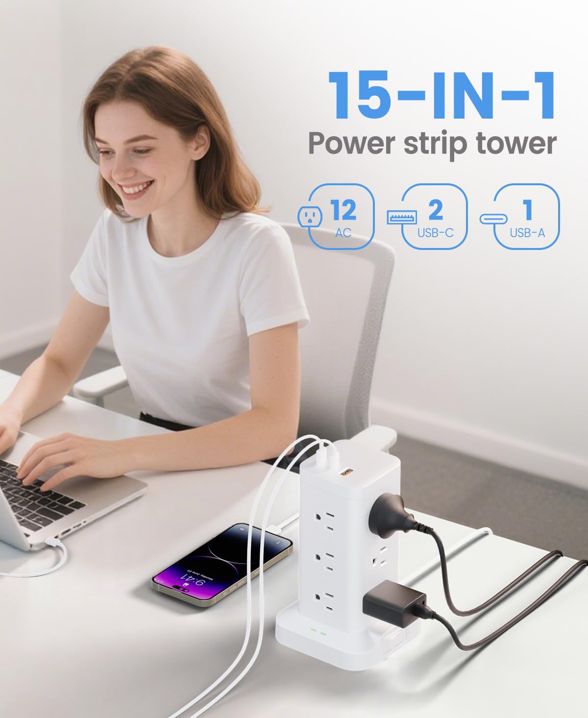 TAGZILO power strip tower surge protection 1800J protects electronics.