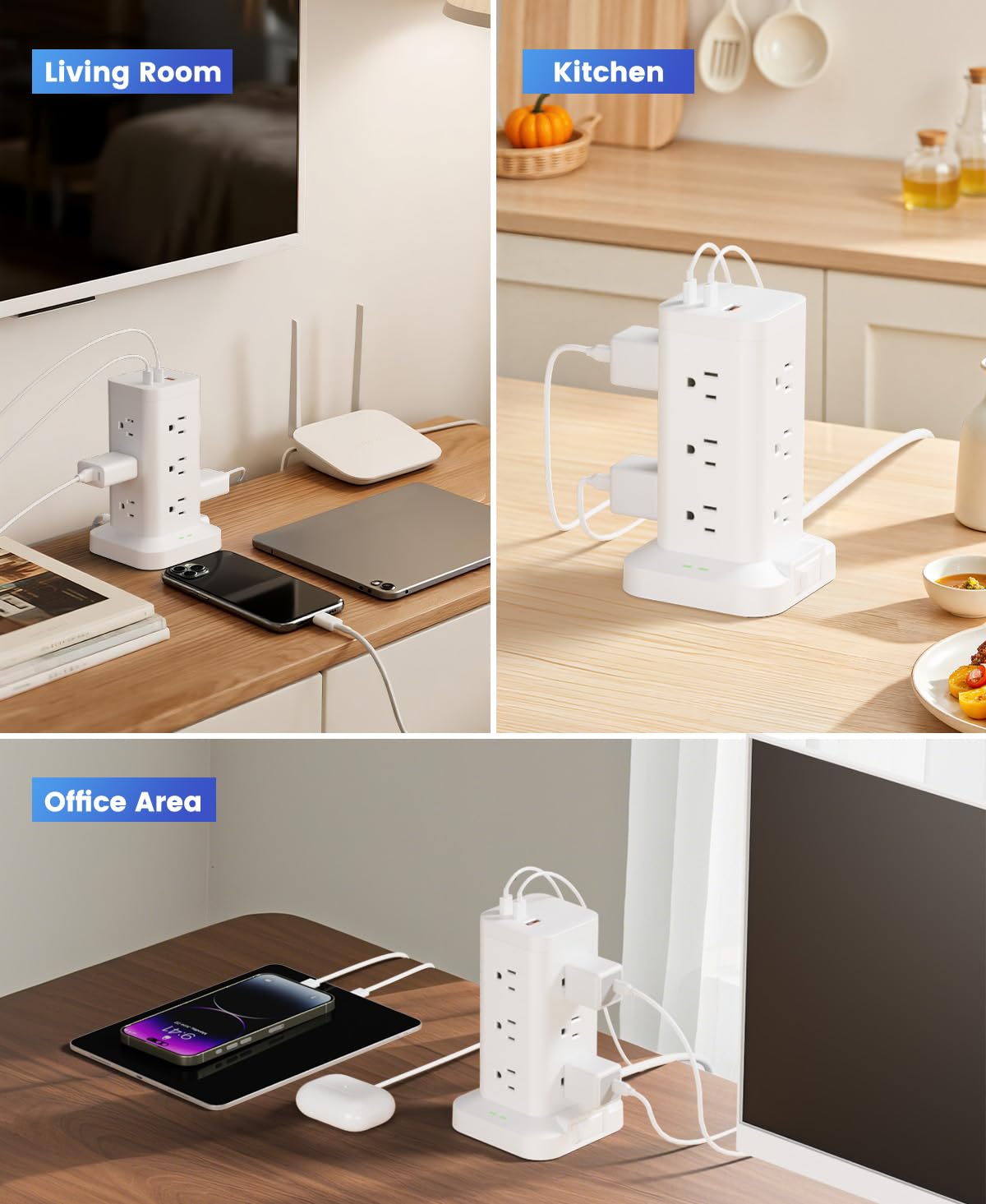 TAGZILO power strip tower ideal for dorm rooms and small offices.