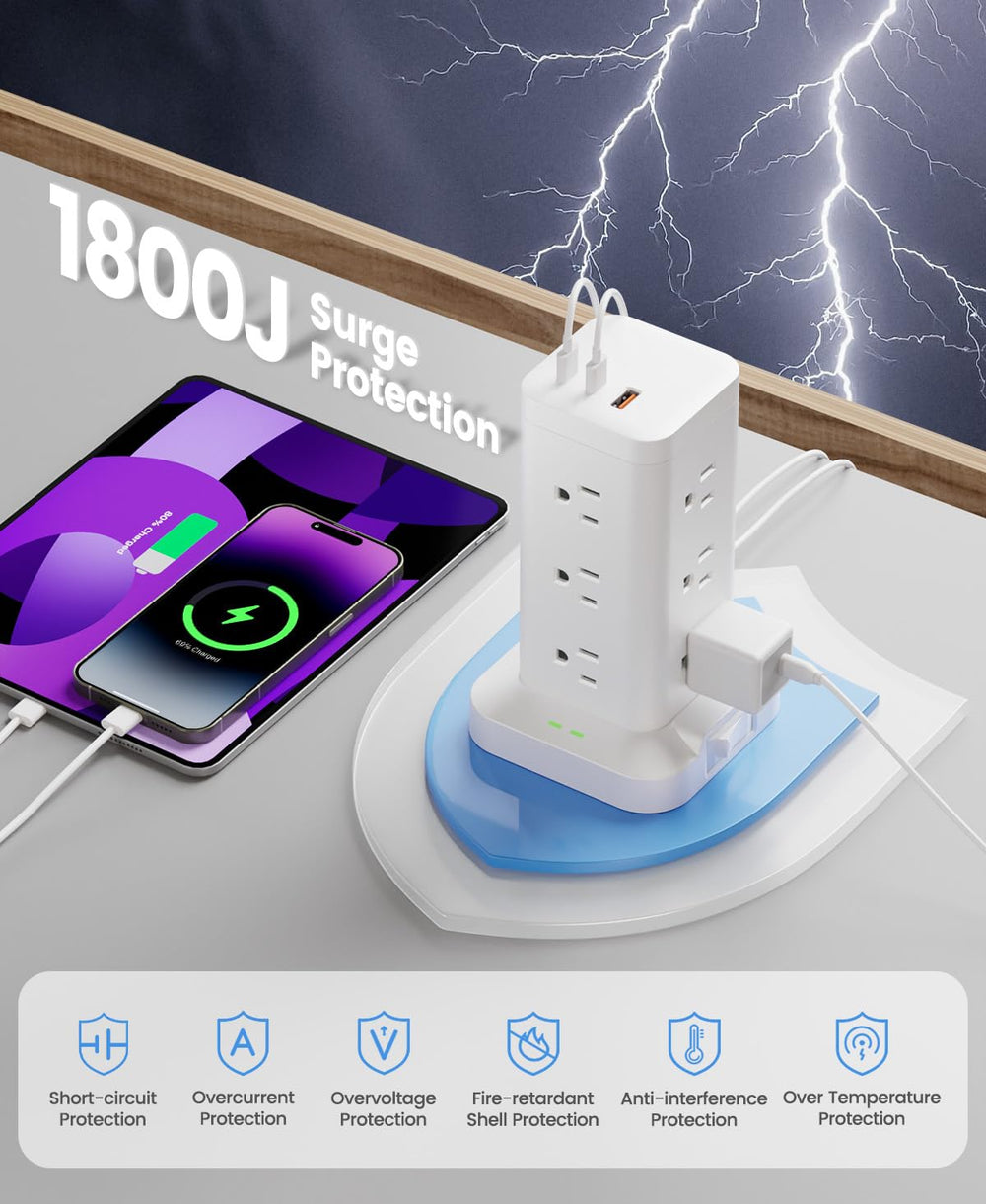 TAGZILO power strip tower 45-degree flat plug saves space behind furniture.