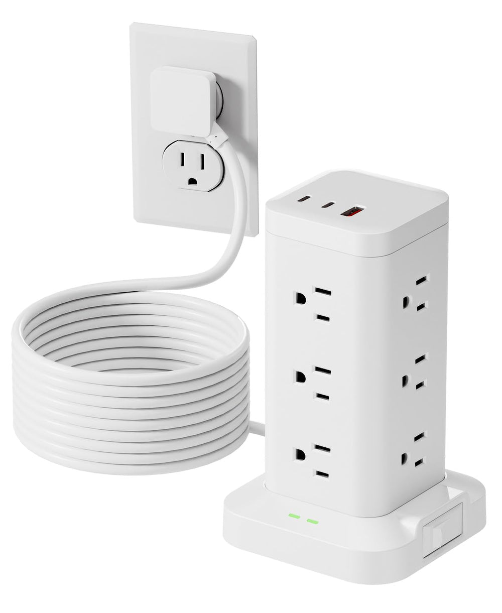 TAGZILO power strip tower front view showing 12 outlets for organized charging.