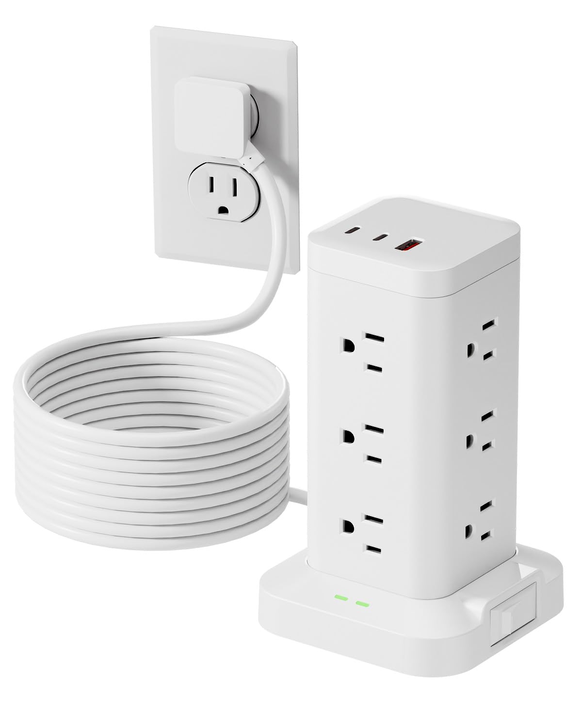 TAGZILO power strip tower front view showing 12 outlets for organized charging.