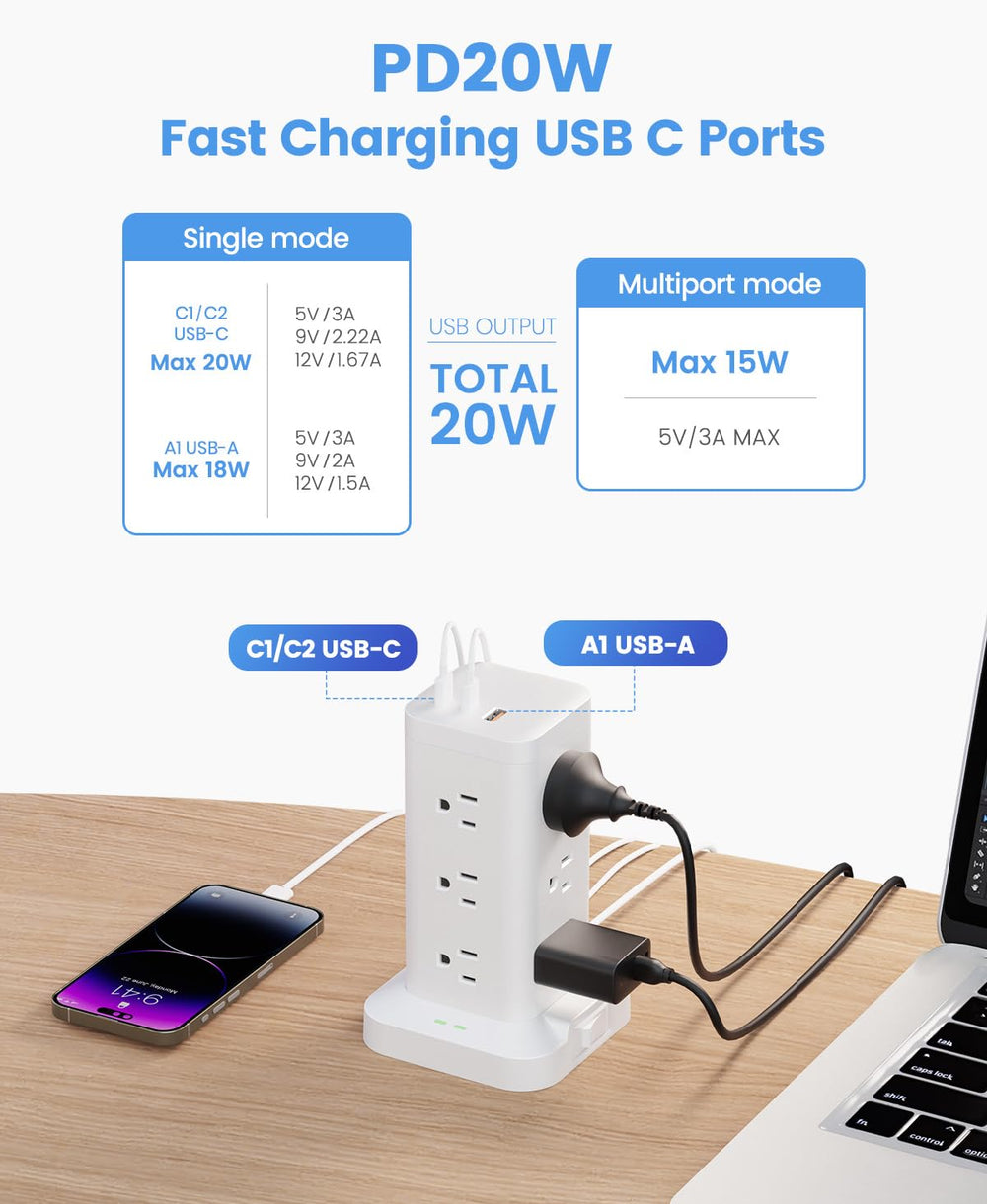 TAGZILO power strip tower 10-foot extension cord reaches across desks.