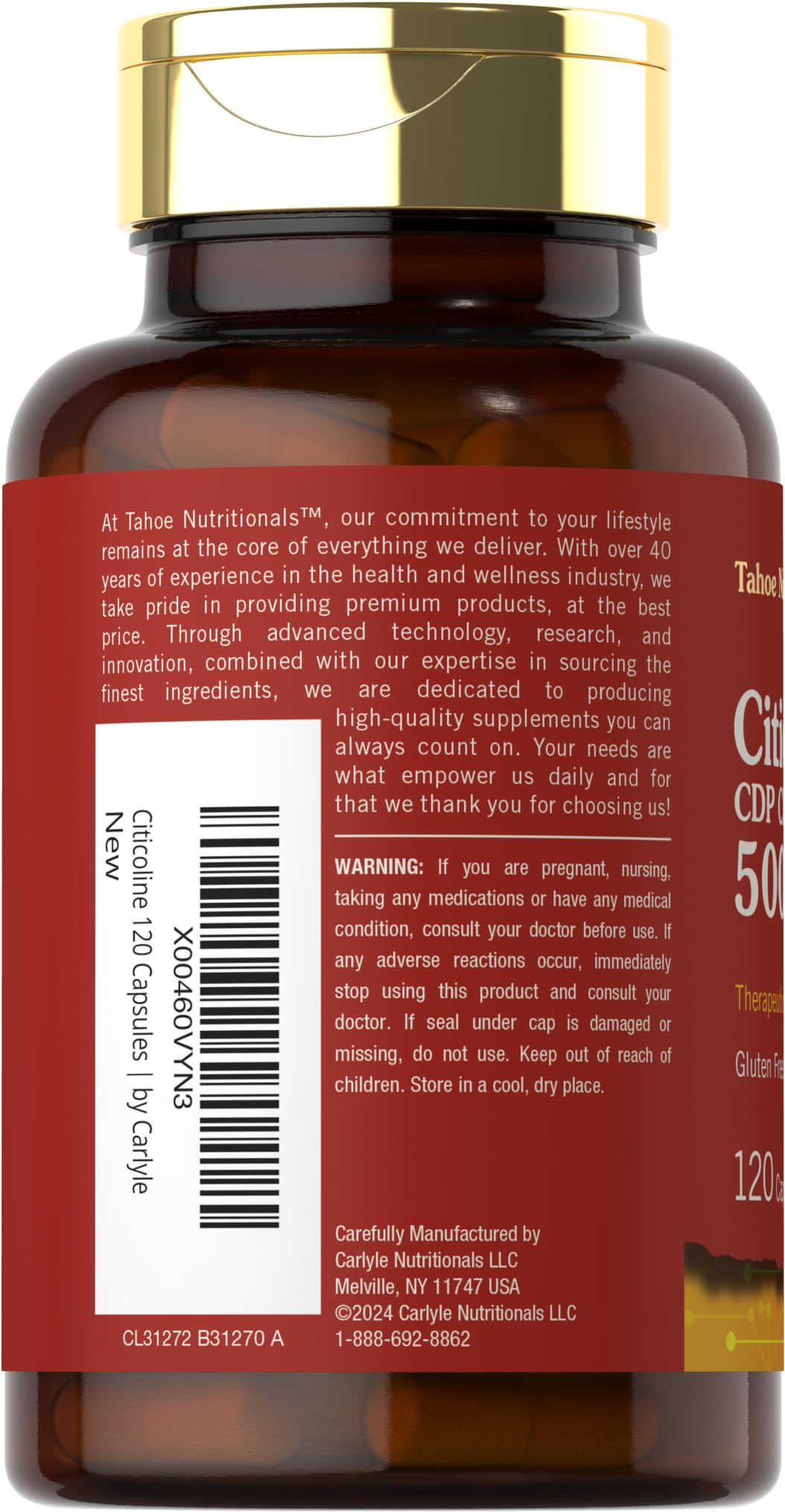 Label of Tahoe Nutritionals CDP Choline emphasizing therapeutic-grade quality.