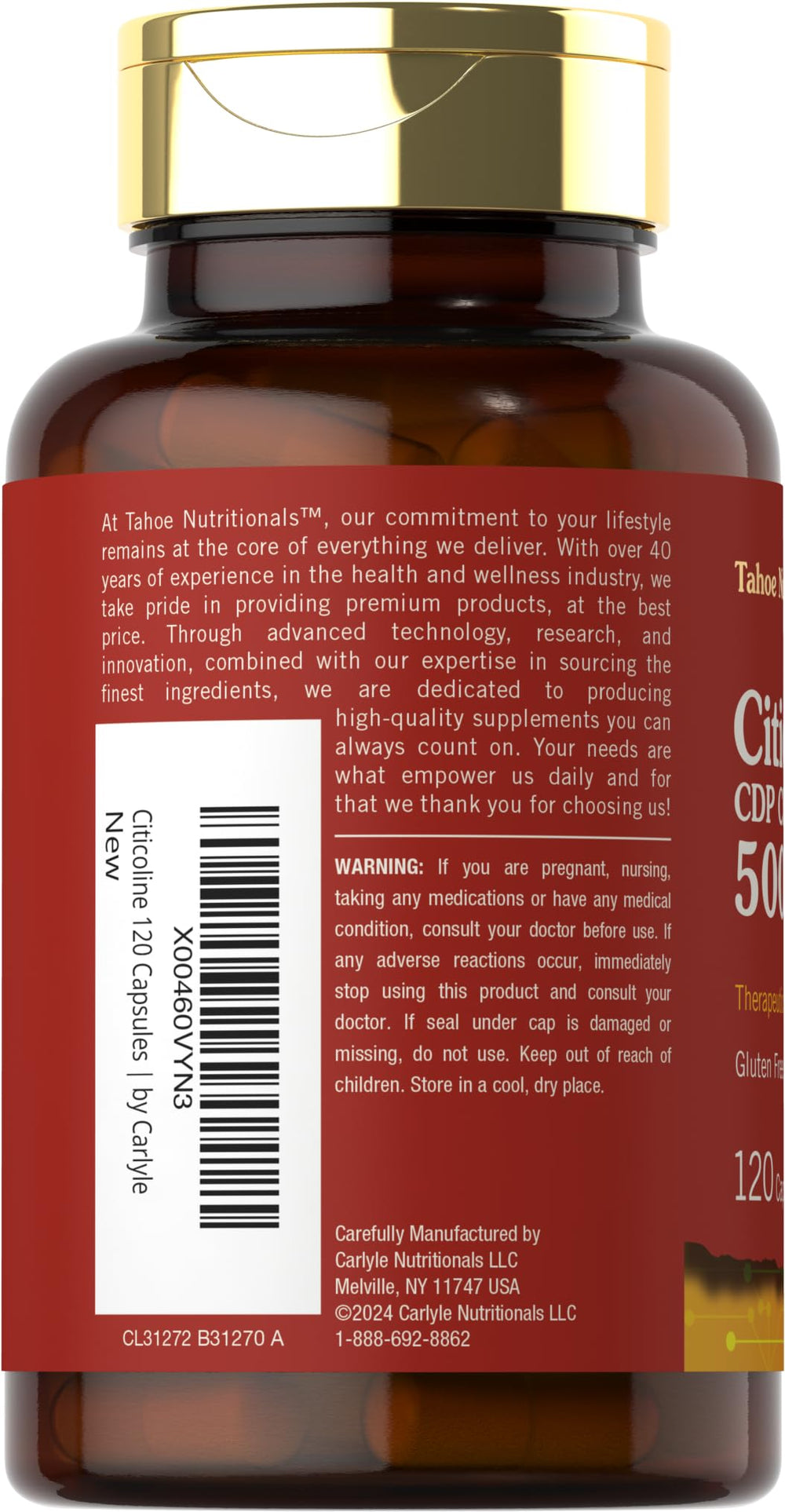 Label of Tahoe Nutritionals CDP Choline emphasizing therapeutic-grade quality.