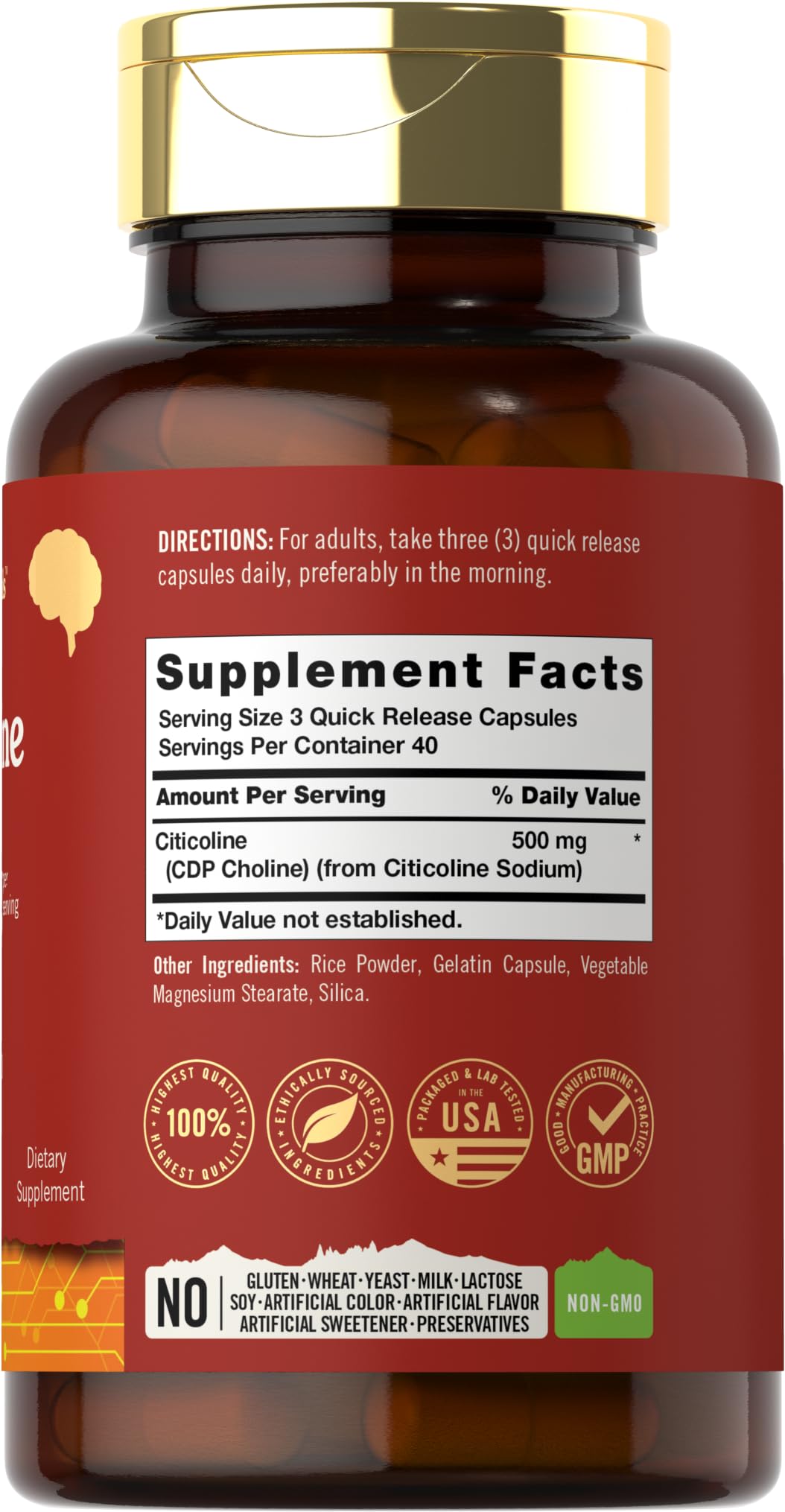 Close-up of Tahoe Nutritionals Citicoline capsules, easy-to-swallow quick-release.