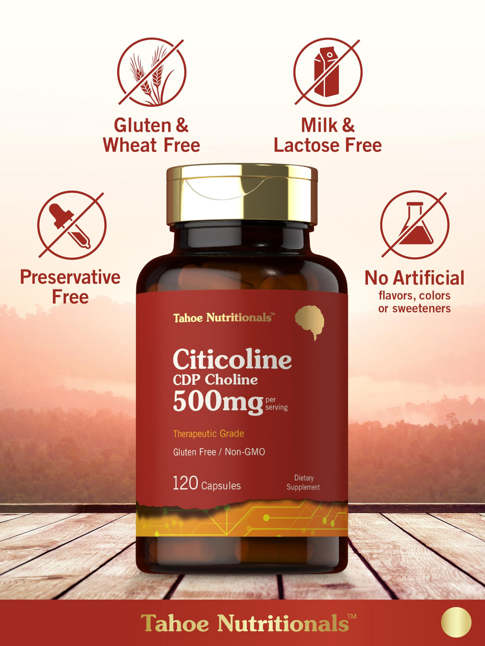 Tahoe Nutritionals gluten-free, non-GMO supplement label.