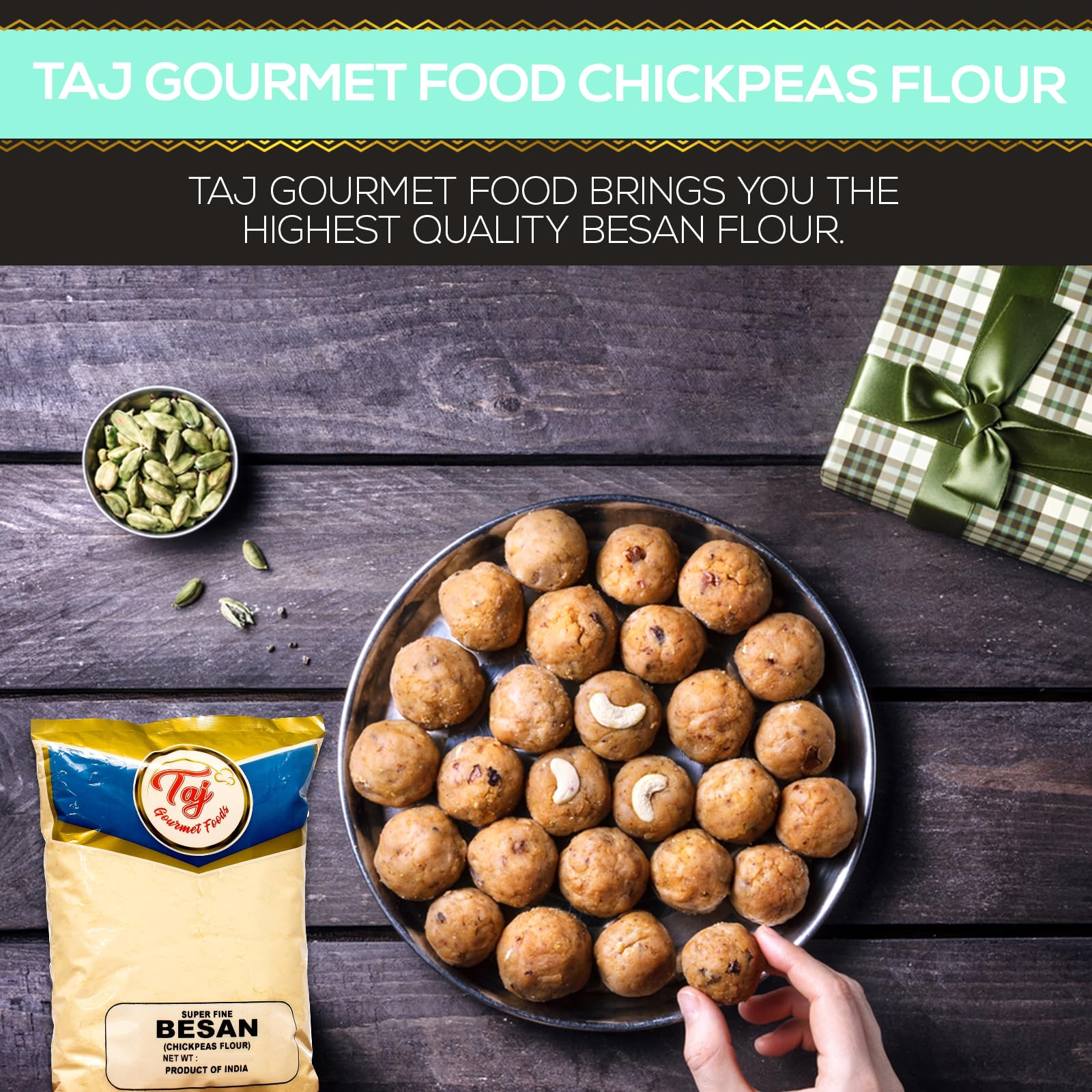 TAJ Besan flour gluten-free ingredient suitable for batters and desserts.