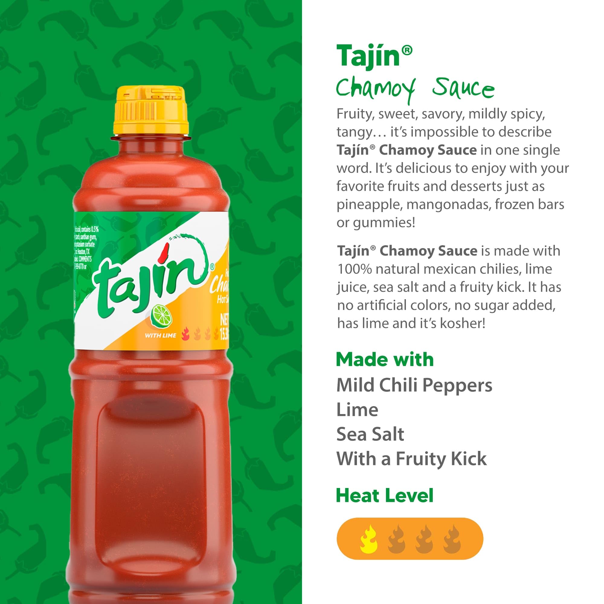 Tajin Chile Lime Sauce being poured over fresh fruit for zing.