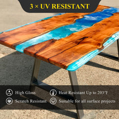 TAKIMO epoxy resin high gloss table demonstrates a glossy, durable tabletop finish.