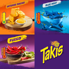 Takis Blue Heat bags close-up with fiery kick and crisp crunch.