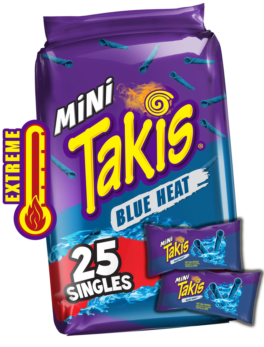 Takis Blue Heat mini bag close-up showing bold, on-the-go spicy flavor.
