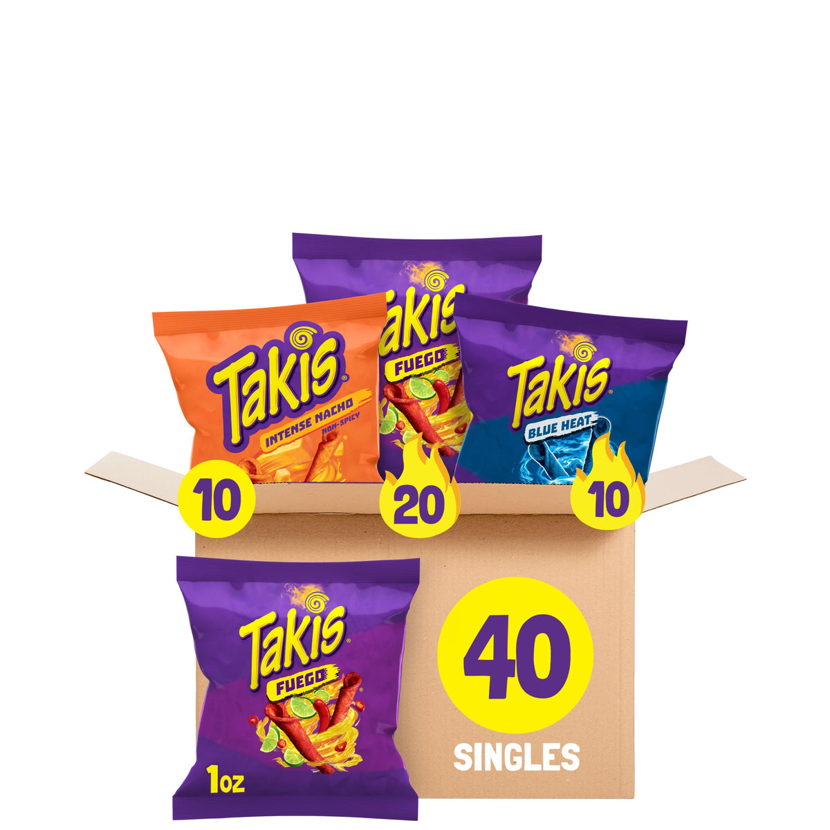Takis Hero Variety Pack 40-count box front close-up for bold flavor options.