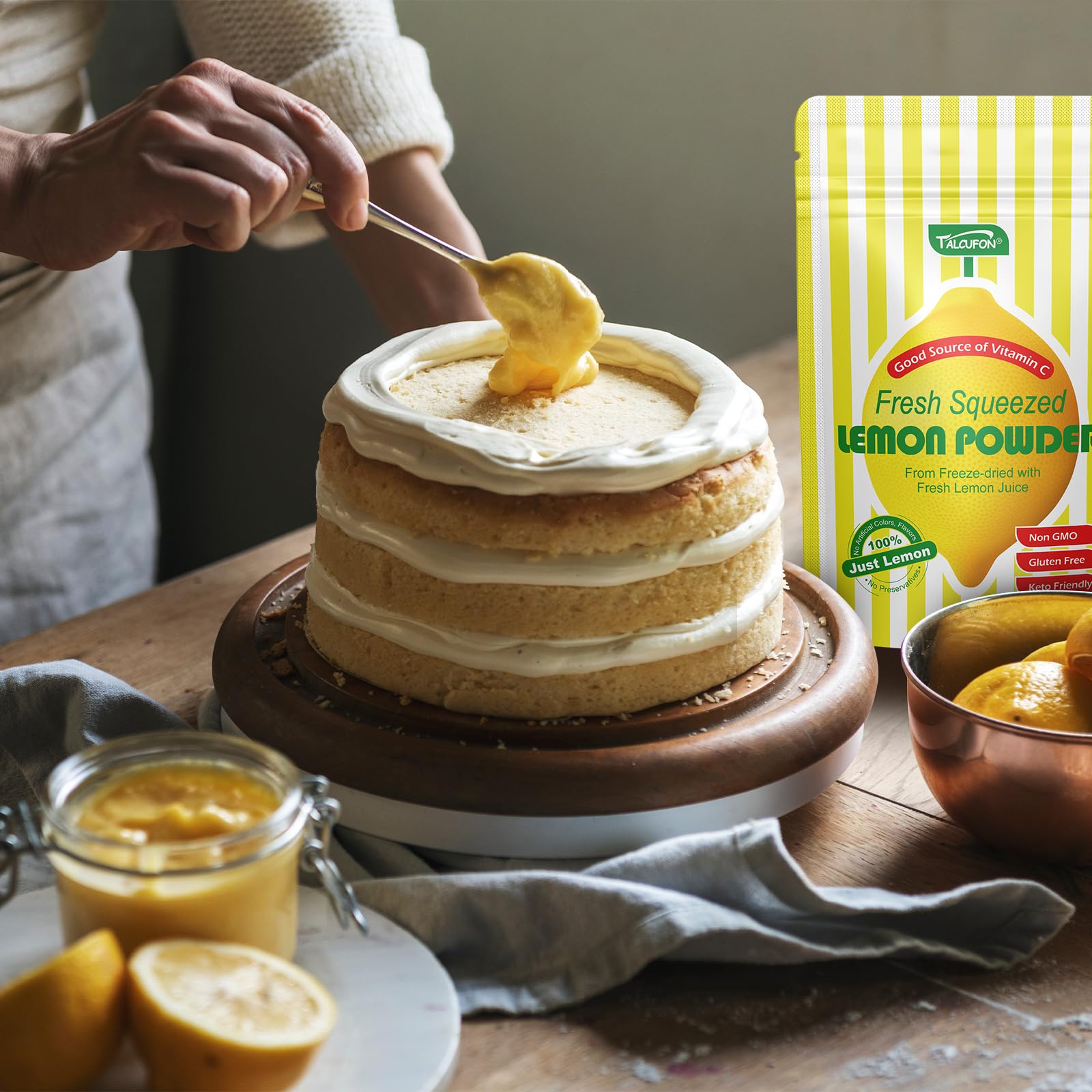 Talcufon lemon powder packaging highlights gluten free and non GMO.