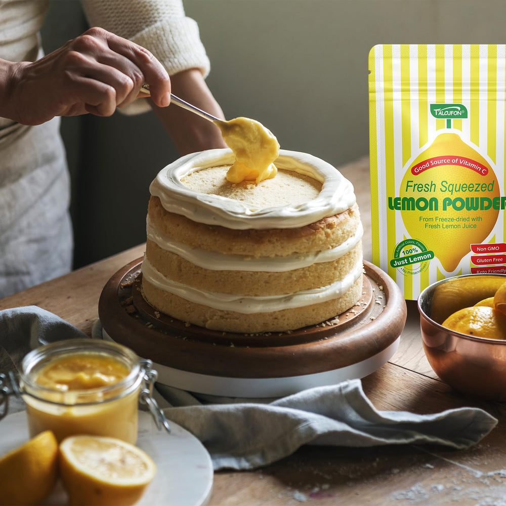 Talcufon lemon powder packaging highlights gluten free and non GMO.
