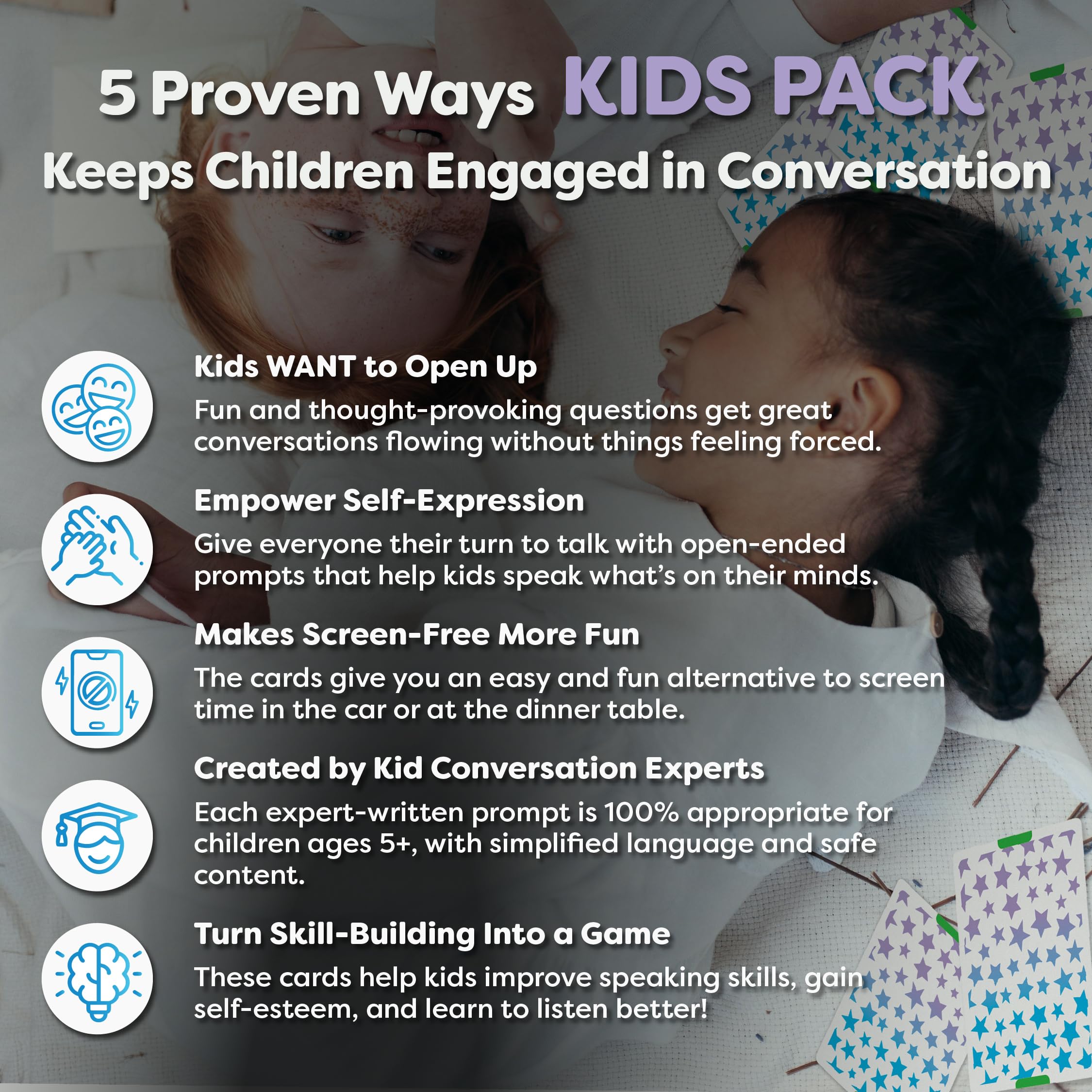 Talking Point Cards kids discussing topics during dinner encourages listening and participation.