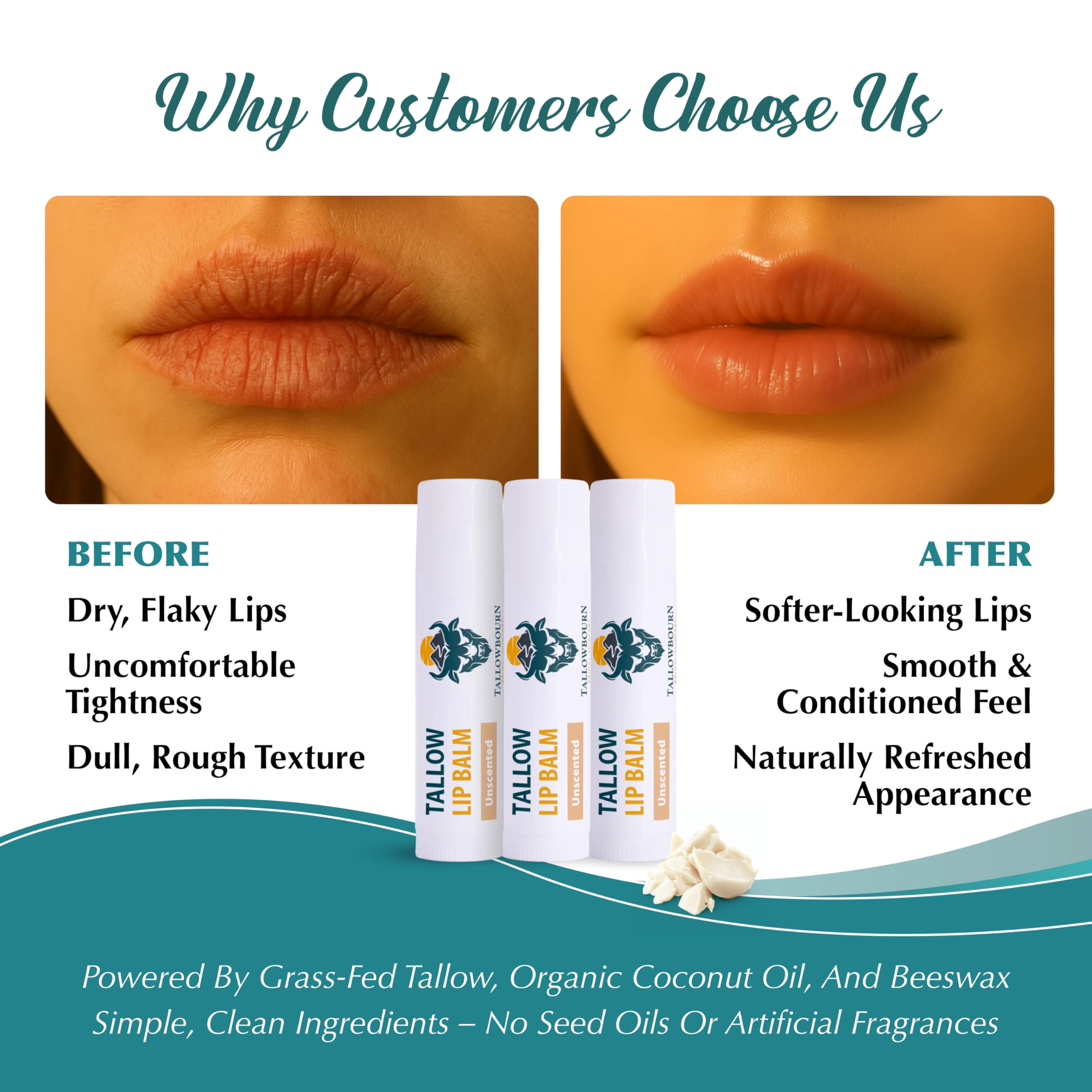 Tallowbourn lip balm showing beeswax barrier for moisture retention