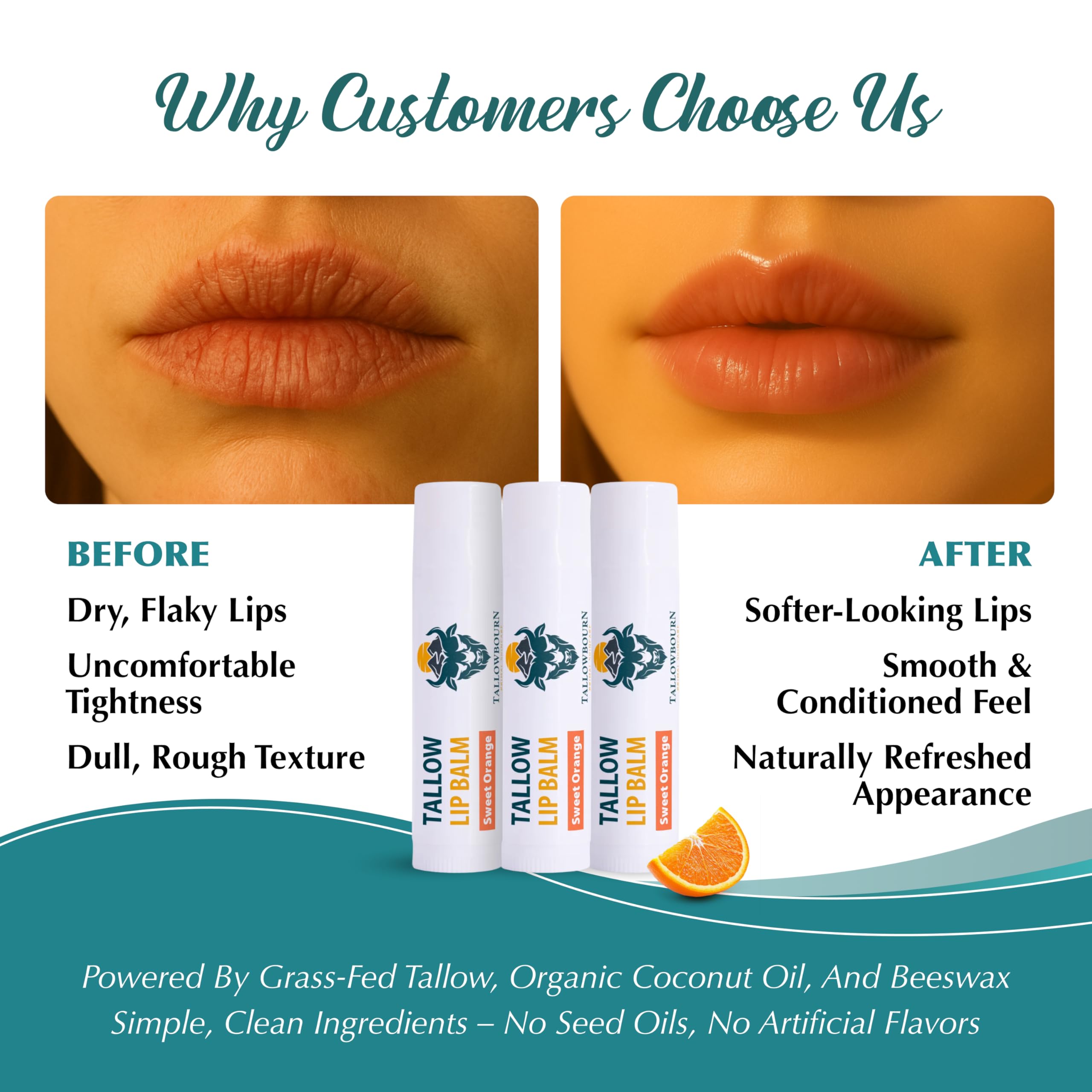 Sweet Orange scented Tallowbourn lip balm adds a refreshing aroma.