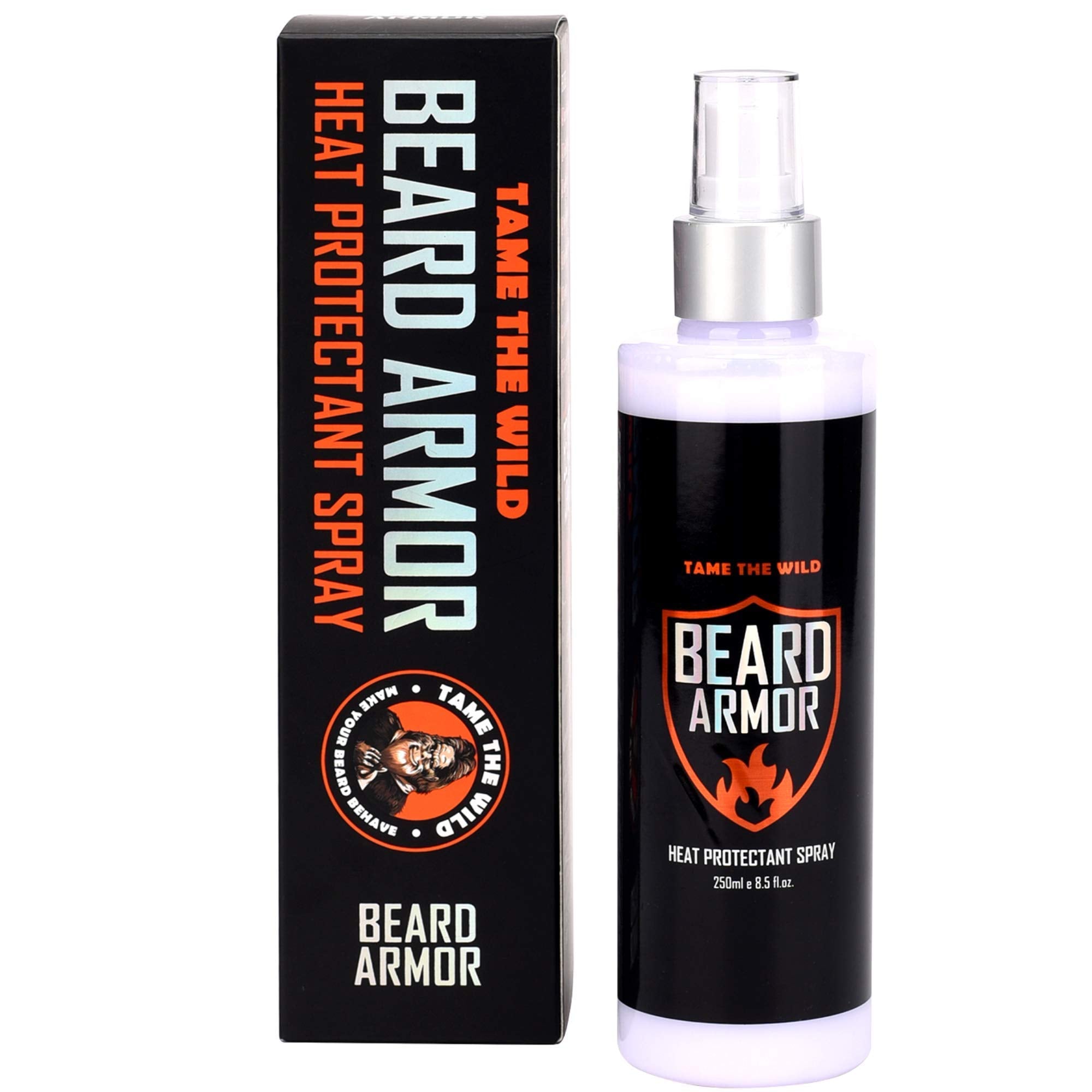 Tame the Wild beard straightener spray—application image showing heat protection in action