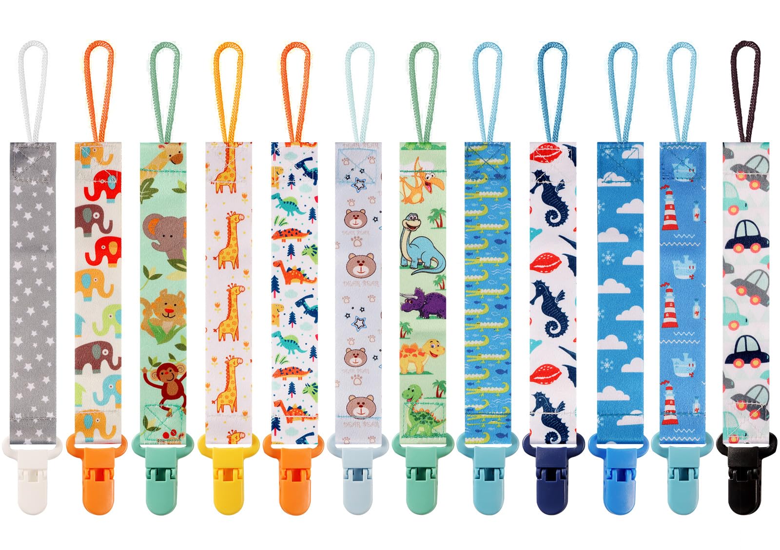 TAMHOO 12-pack pacifier clips with dinosaurs pattern keep pacifiers within reach