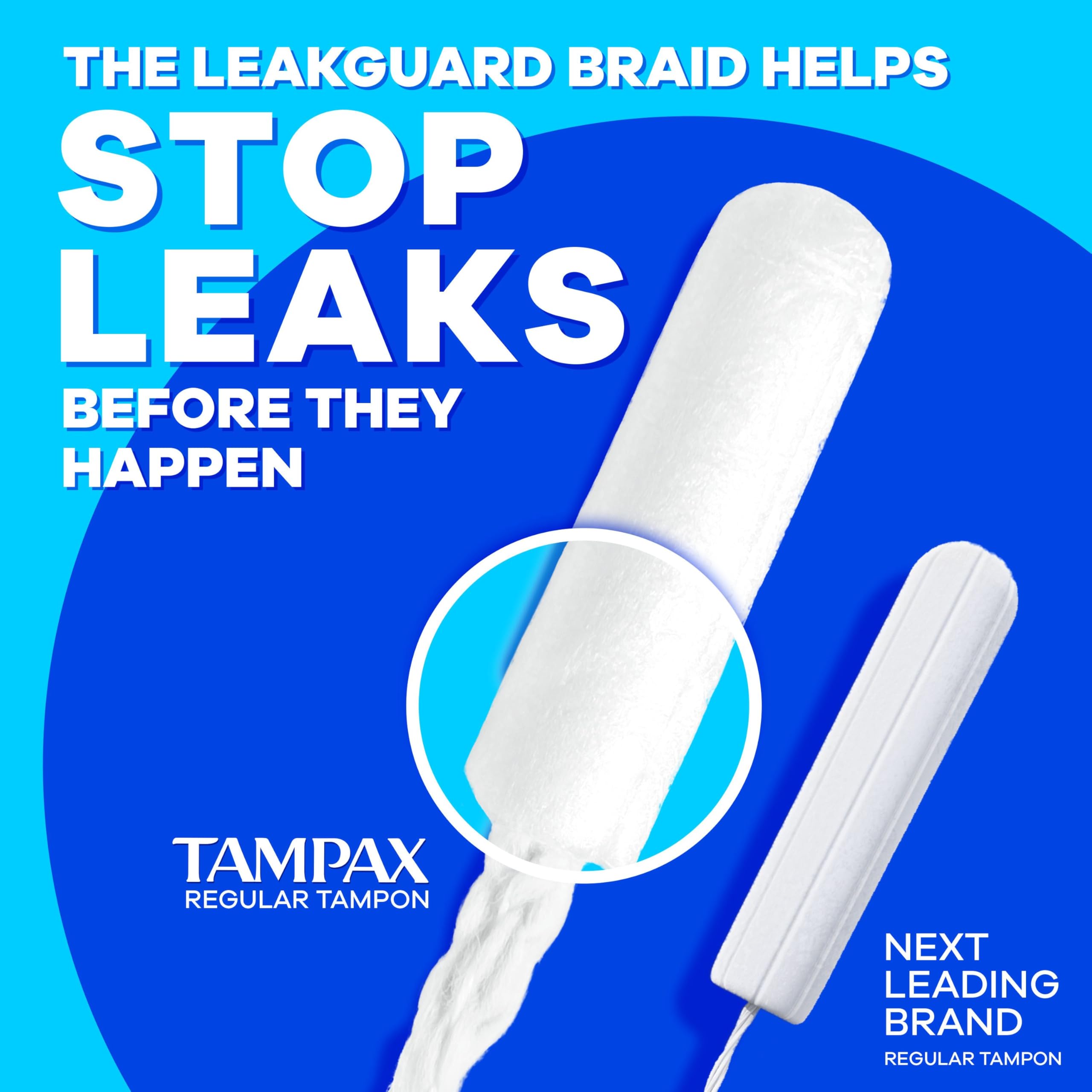 Close-up of LeakGuard Braid on Tampax Compact Pearl tampon.